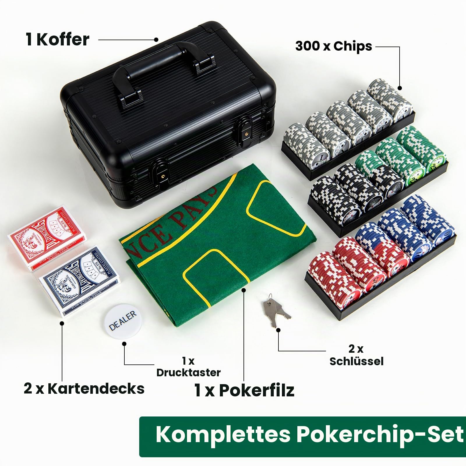 HOMASIS Profi Pokerset mit 300/400 Pokerchips, Pokerkoffer mit Matte, 2 Kartendecks, 5 Würfeln, 1 Dealer Button, Aluminiumkoffer abschließbar, Kasino Poker Set für Texas Hold'em Blackjack (300 Chips)