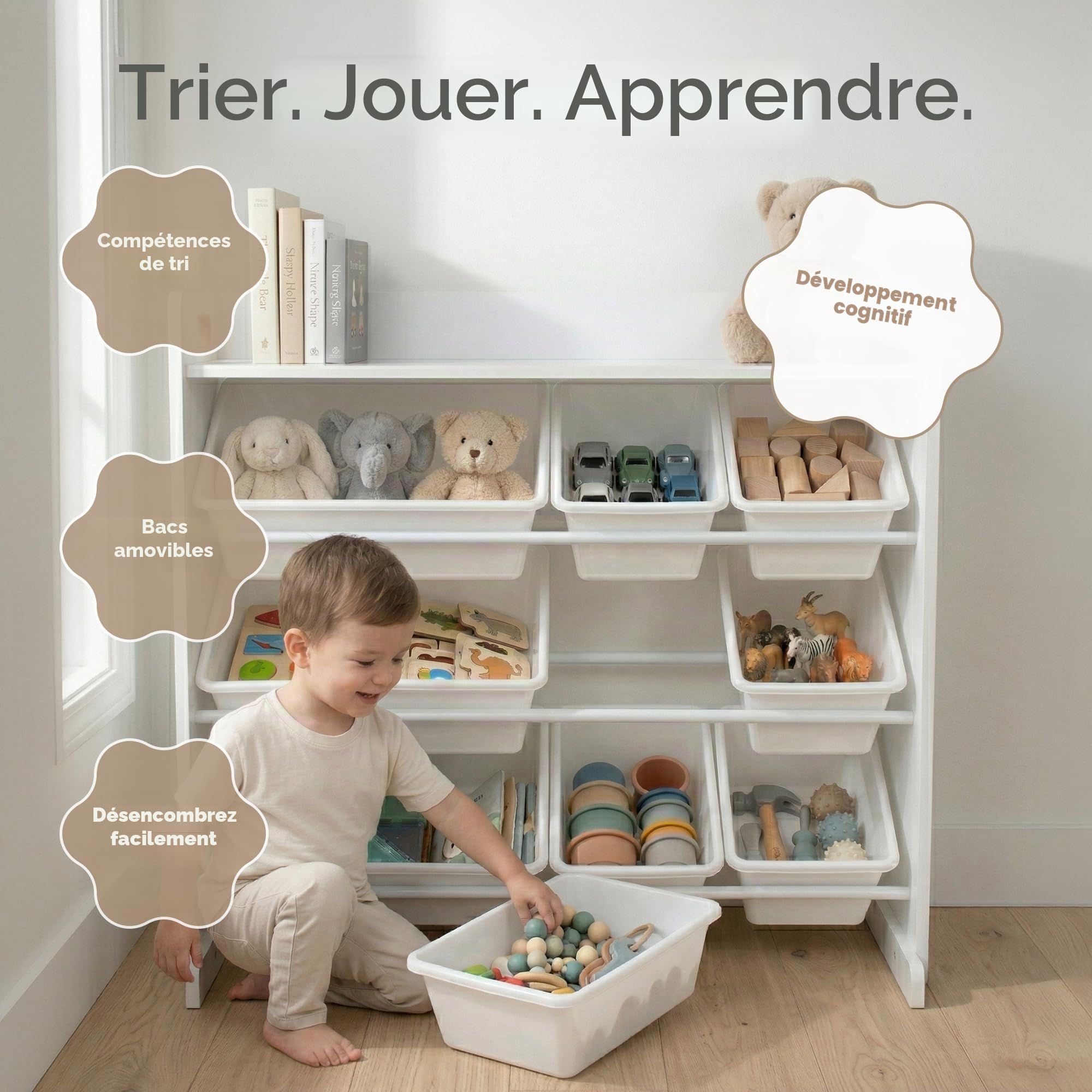 Humble Crew, étagère pour enfants, organisateur de jouets avec 9 bacs de rangement, blanc/blanc