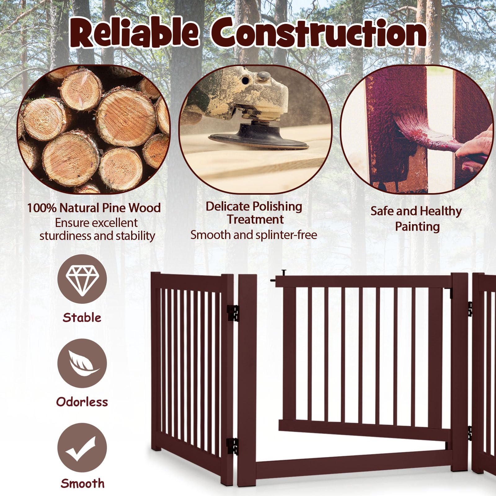 SOARS Cancelletto per Cani Pieghevoli 210 x 61 cm, Barriera per Cani in Legno a 3 Pannelli con Porta a Serratura, Recinzione per Scale, Ingressi e Corridoi (Marrone)
