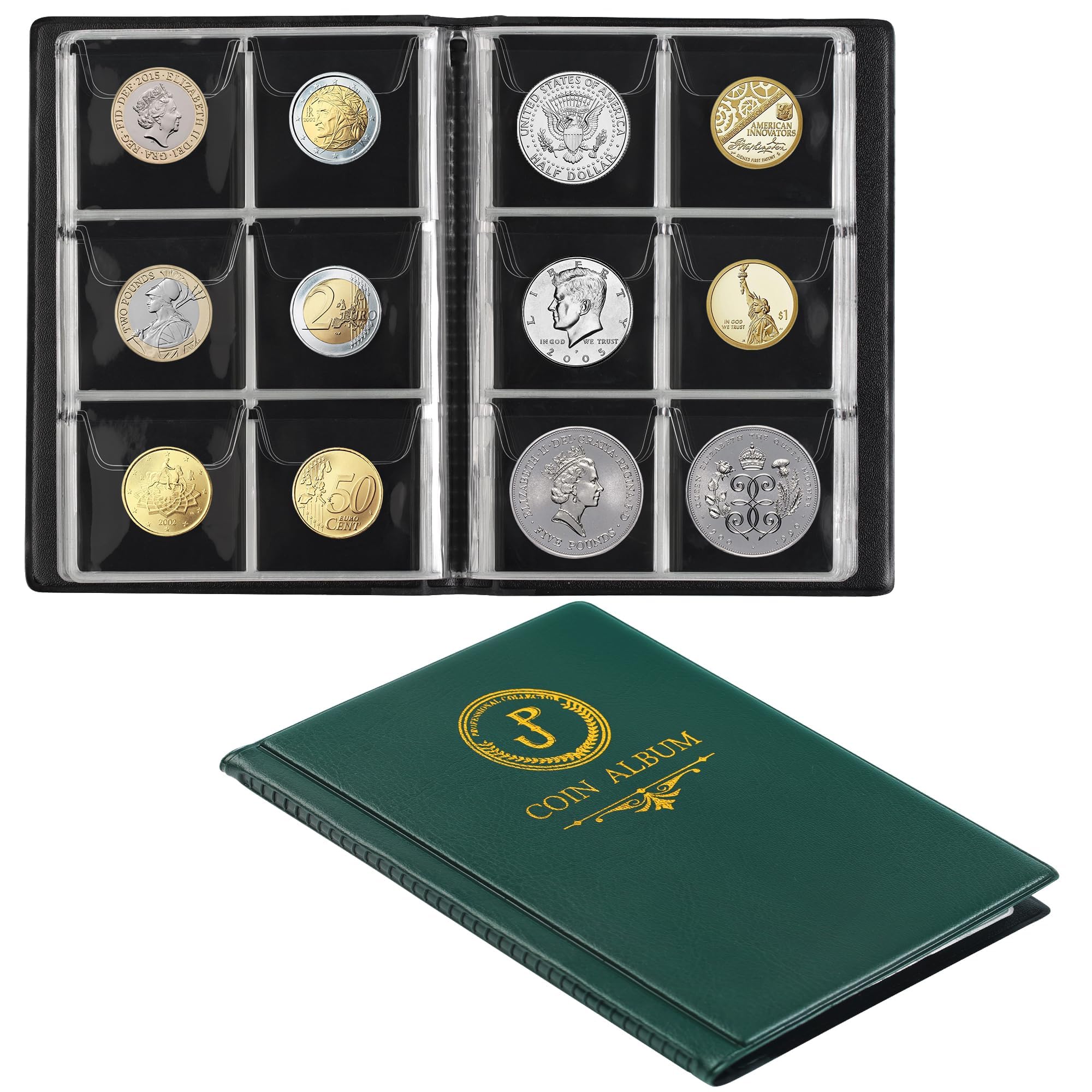 60 Pockets Coin Album, Collecting Sleeves Coin Holder, Coin Collection Book for Penny/Nickel/Dime/One pound/20 Pence/10 Pence CS3706GR