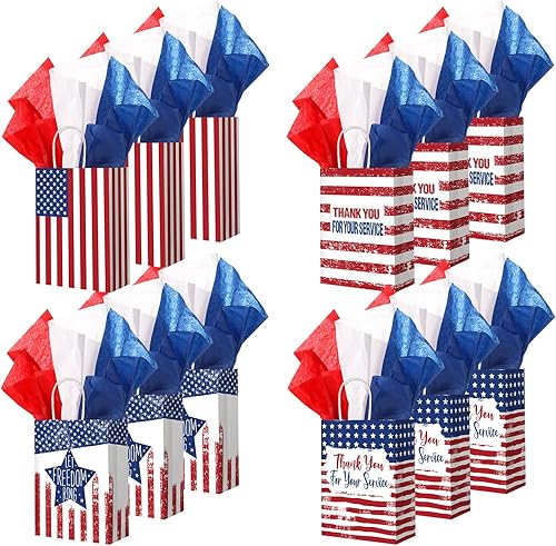 Woanger 24 bolsas de regalo patrióticas de agradecimiento con 24 bolsas de papel de seda con la bandera estadounidense, bolsas de regalo de papel