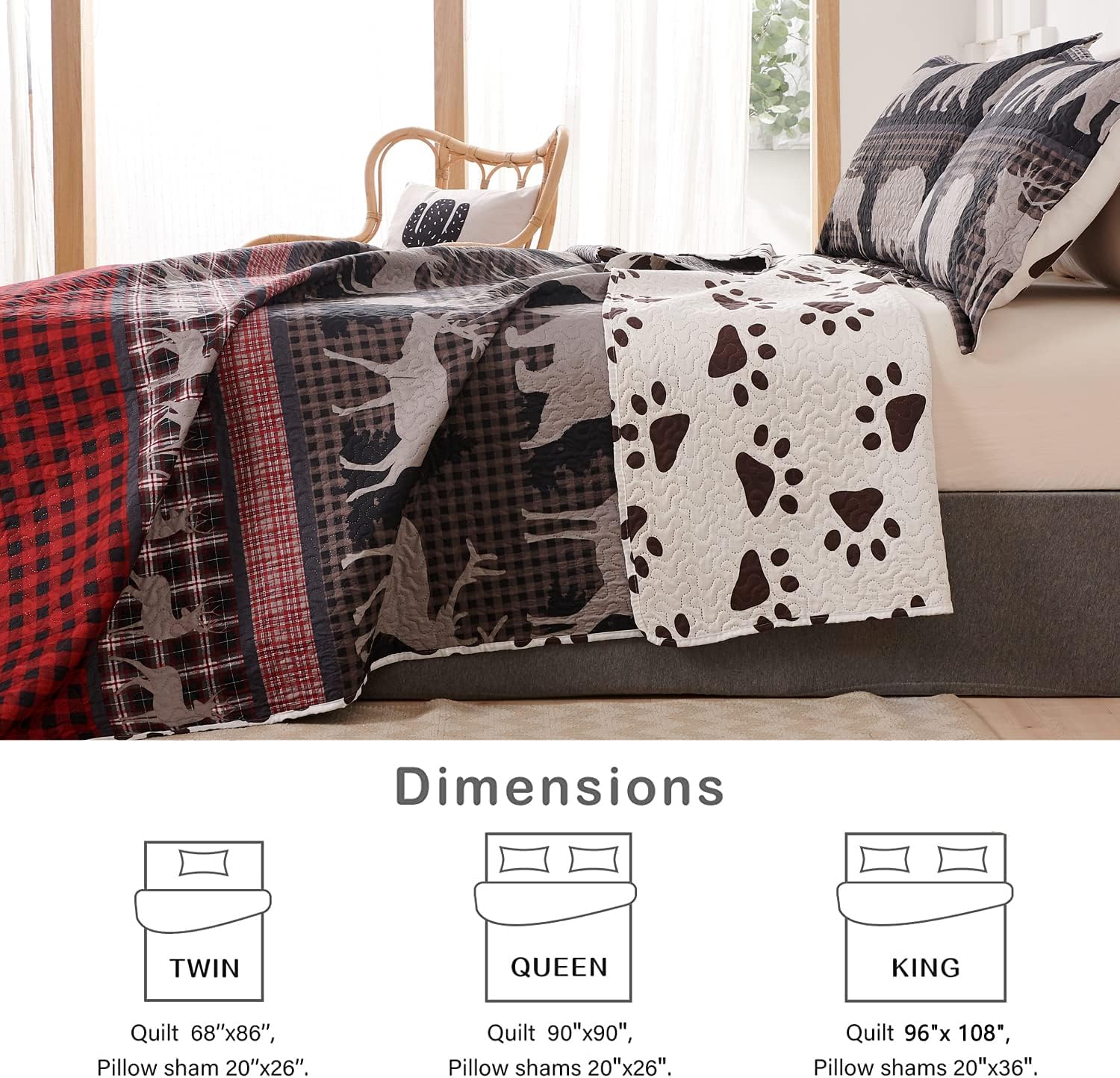 Moose Bear Rustic Quilt Set Queen/Full Size, Cabin Bedspread Bedding Set, Lodge Lightweight Breathable Coverlet Set for All Season, Red