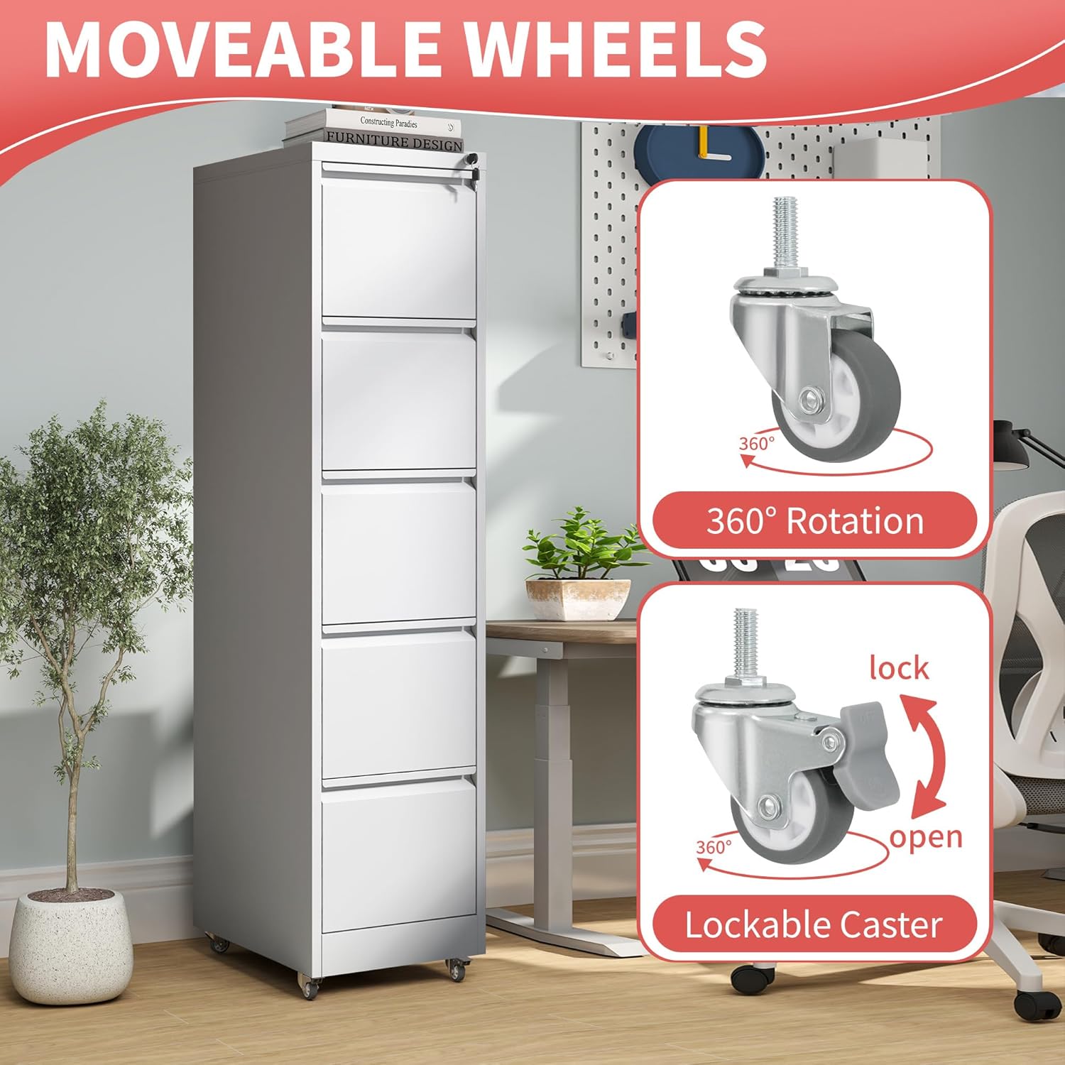 Diagram showing 360-degree rotation and lockable feature of the wheels