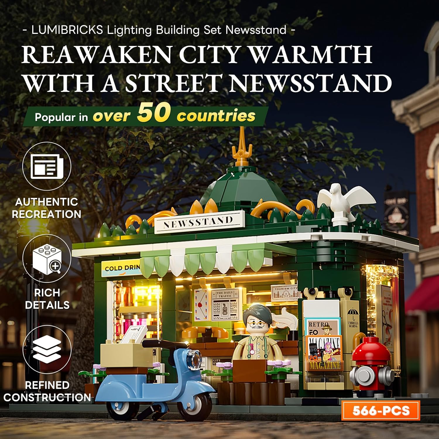 Lumibricks Newsstand Lighting Building Bricks Set - City Town Life Newsstand LED Light Construction Building Model Set 556 Pcs for Adults and Teen