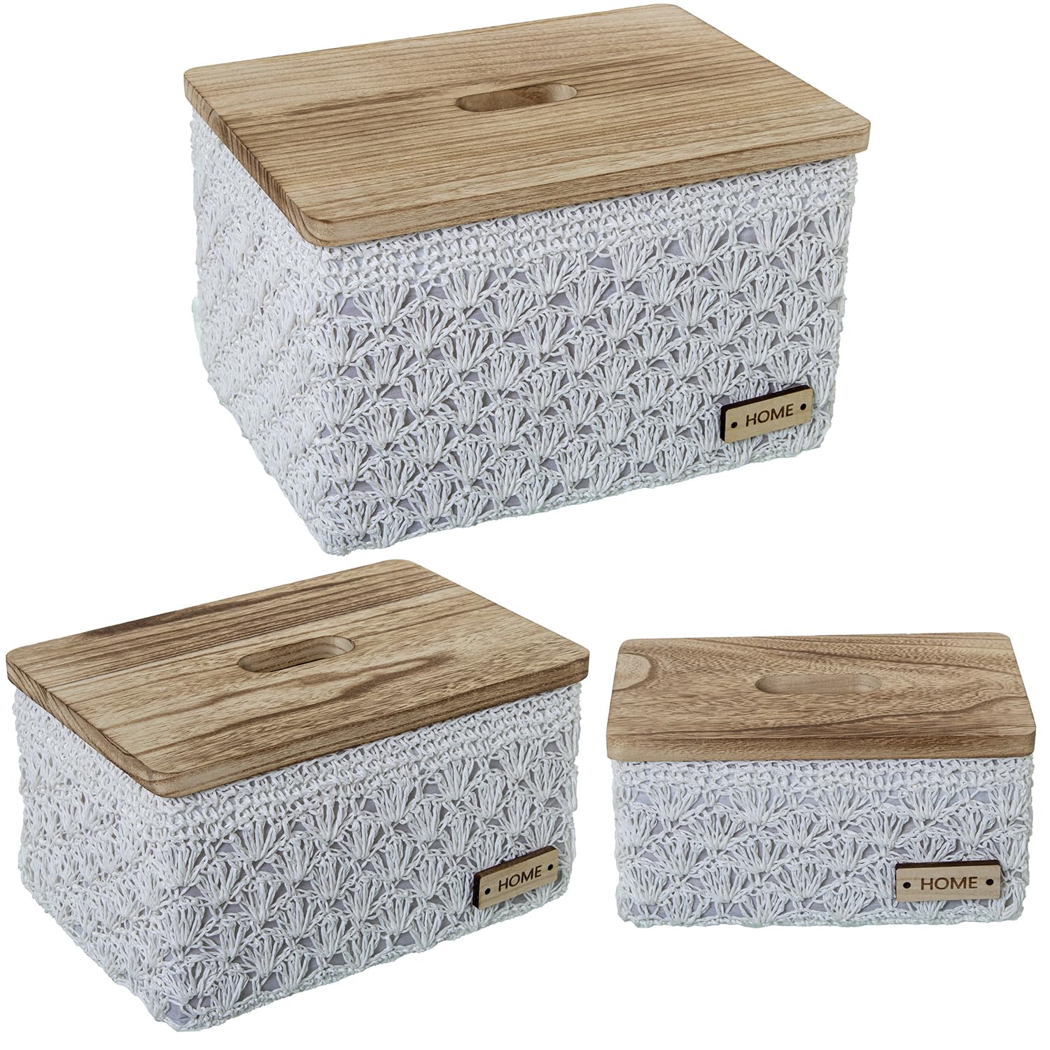 Boîte de rangement en tissu blanc et bois : lot de 3 bacs déco