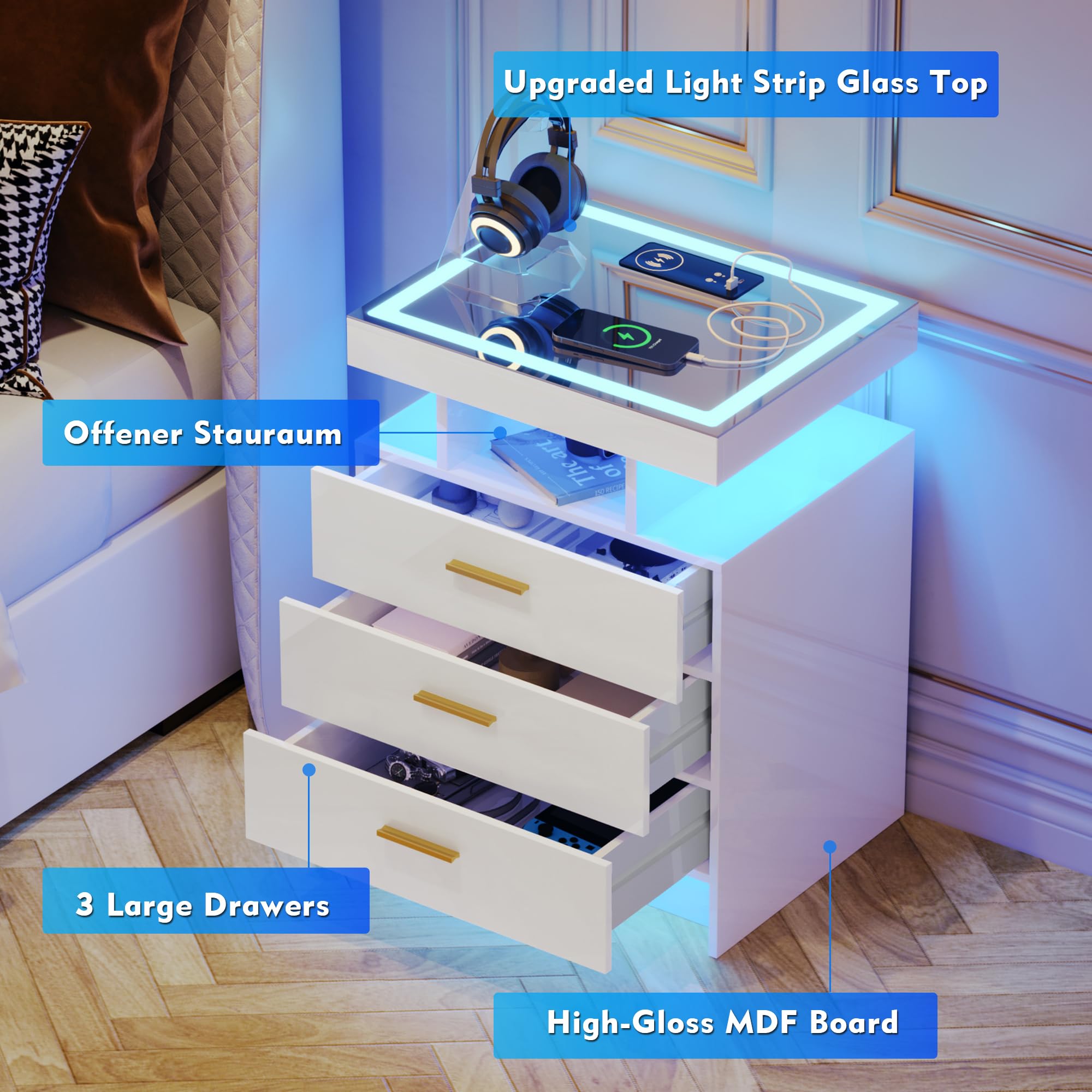 Lvifur Led-nachtkastje met oplaadfunctie, smart nachtkastje met 24 kleuren, dimbaar, licht, hoogglans dressoir met 3 laden, USB type-C automatische