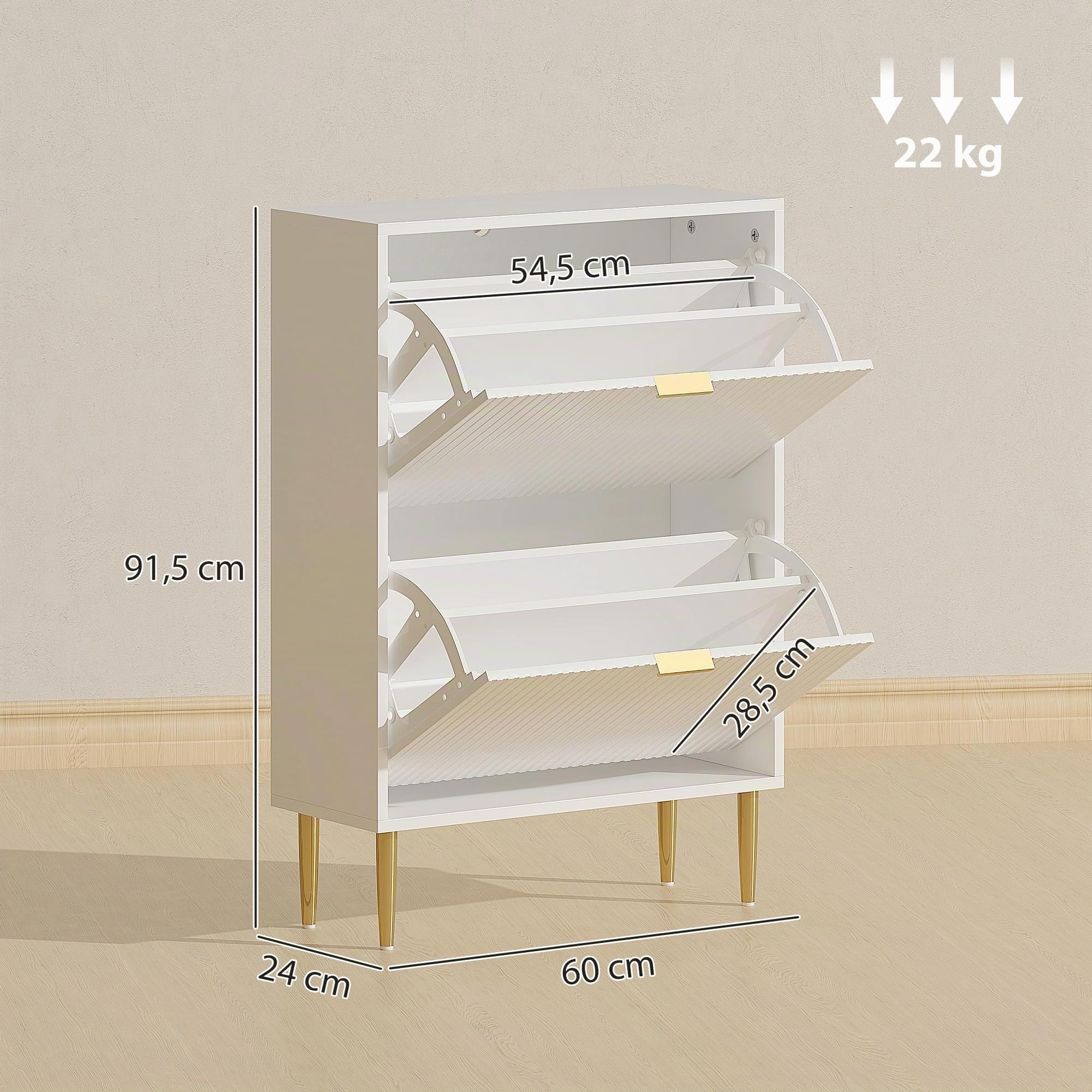 HOMCOM Zapatero Estrecho con 2 Puertas Acanaladas Zapatero Entrada Recibidor con Estantes Ajustables para 12 Pares de Zapatos 60x24x91,5 cm Blanco