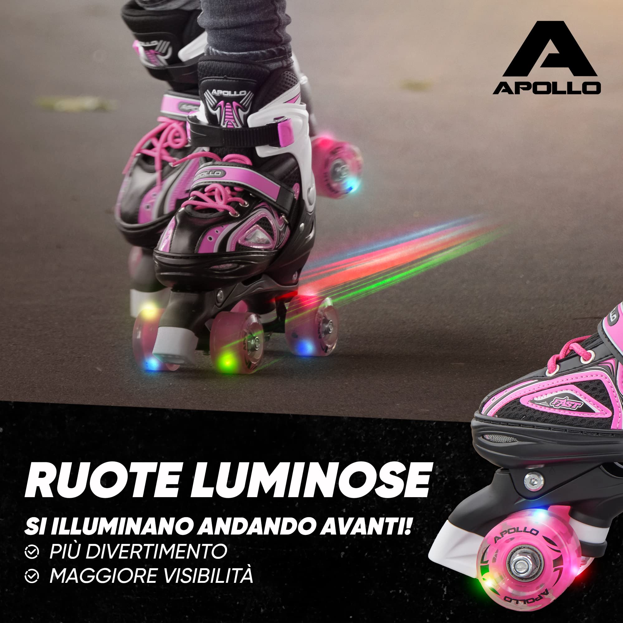 Apollo Super Quad X PRO, Pattini a rotelle LED per Bambini e Ragazzi, Ideali per Principianti, Comodi Pattini a rotelle per Bambine e Bambini