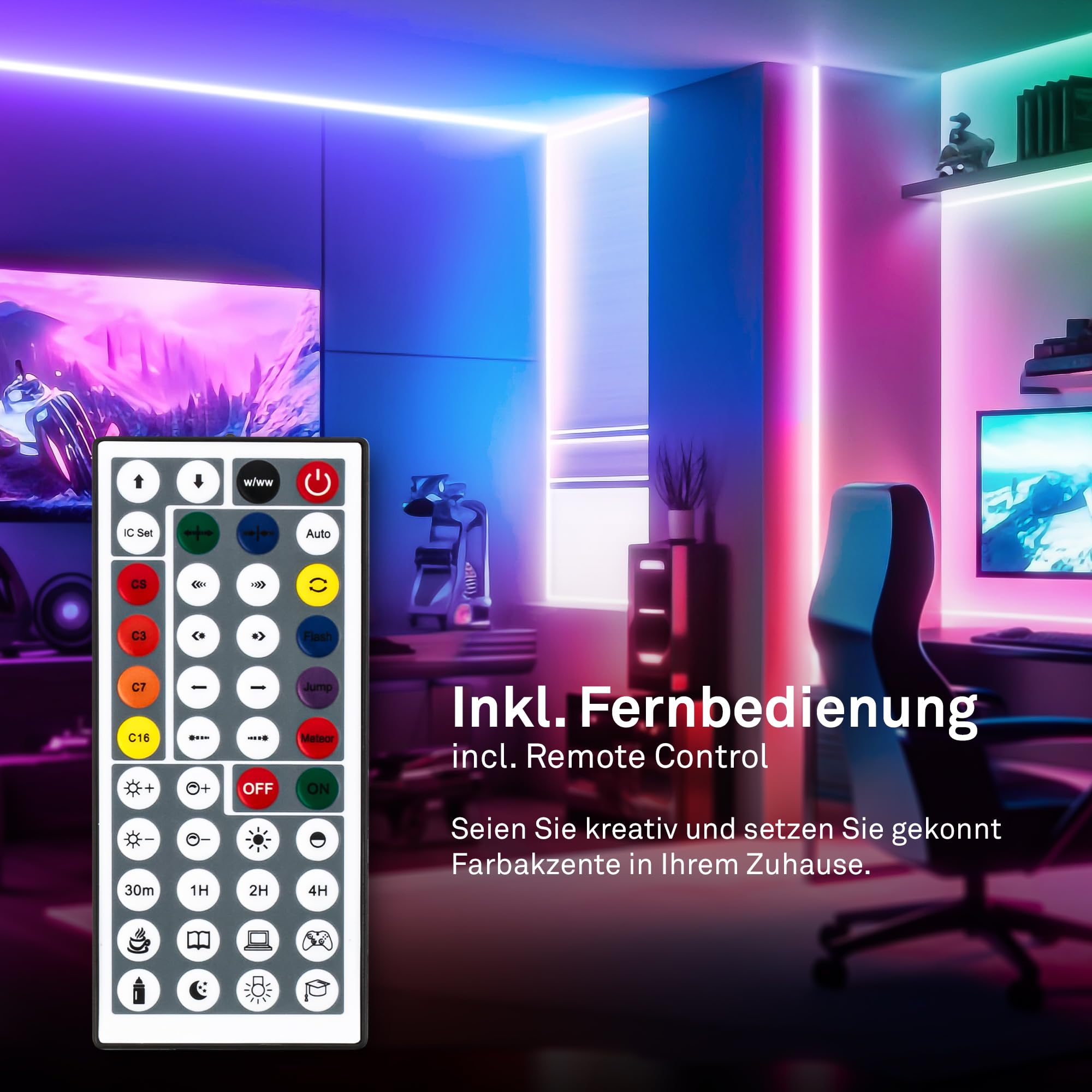 BRILONER - LED Strip 5m mit Fernbedienung, dimmbar, RGB IC dynamischer Farbwechsel, CCT, LED Streifen, Leiste, Zimmer Deko, Gaming Deko, Band, Party, Lichtleiste, 5000x10x3 mm, Weiß