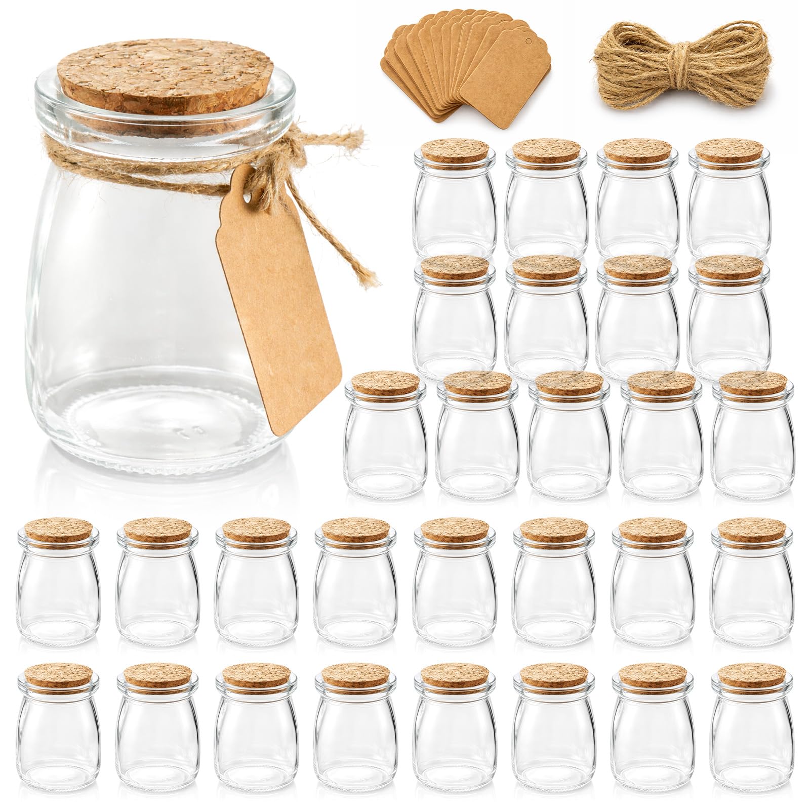 GREENSAPPIRE 20/30 Pack Glass Yogurt Jars with Cork Lids – 100ml Clear Glass Pudding Jars with Labels & Twine, Storage Containers for Yogurt, Pudding, Milk, Jam, Honey, Mousse & Wedding Favors (30Pcs)