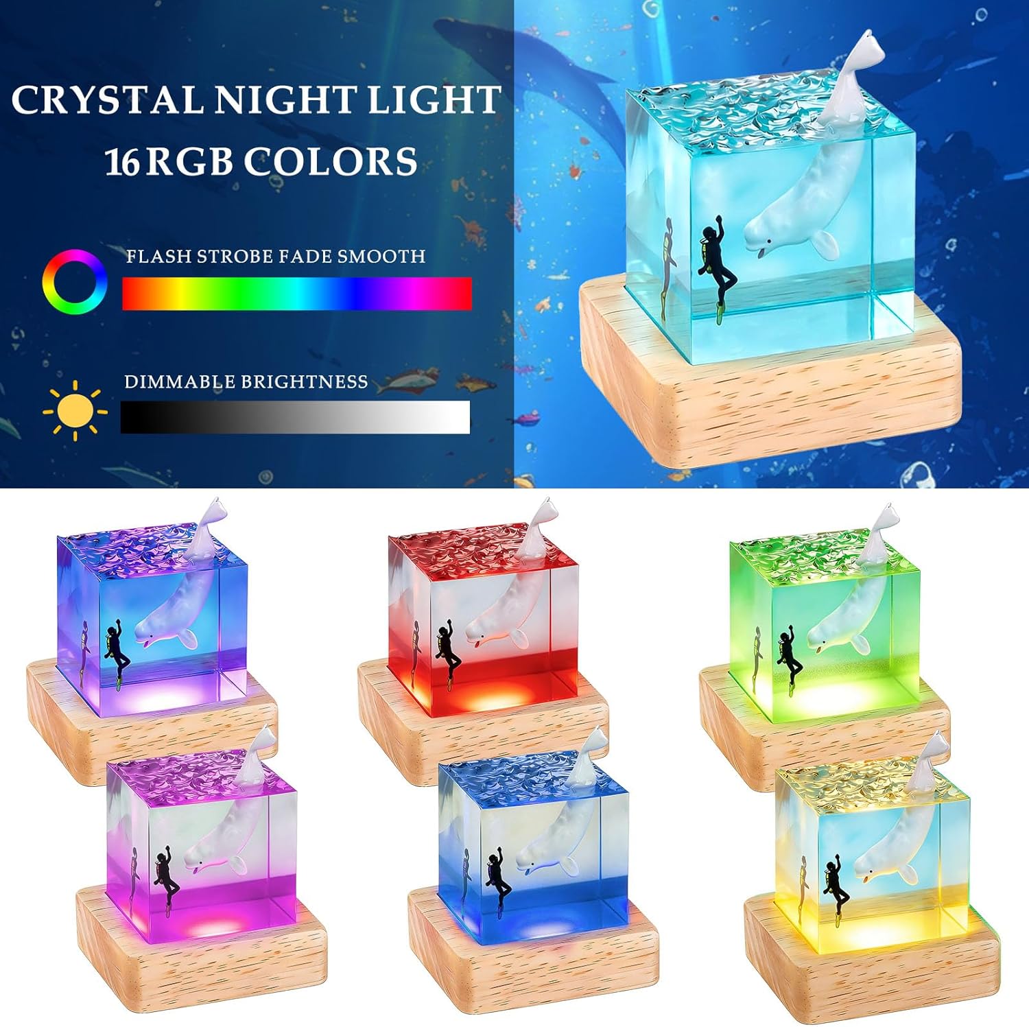 Shark Beluga Resin Ocean Lamp,USB Powered Night Light with Wooden Base for Bedroom Bar Coffee Shop, Unique Birthday Gifts for Men & Women Boy Gril Gifts Mothers Day Gifts, Easter Gifts (White Beluga)