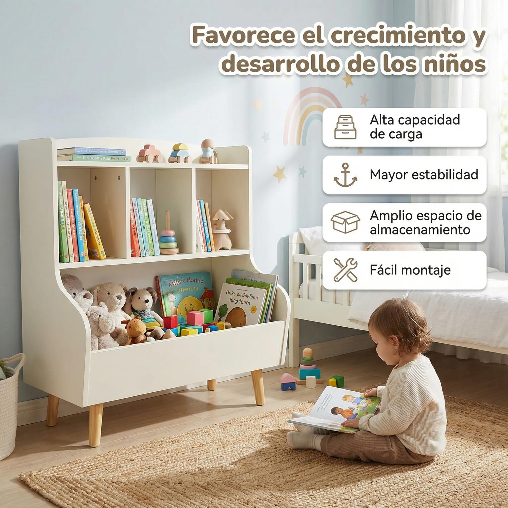 Estantería para niños con Almacenamiento de Juguetes - Biblioteca para niños, estantería de 3 Niveles con Patas, 5 Compartimentos para habitación de niños y de bebé, Blanca