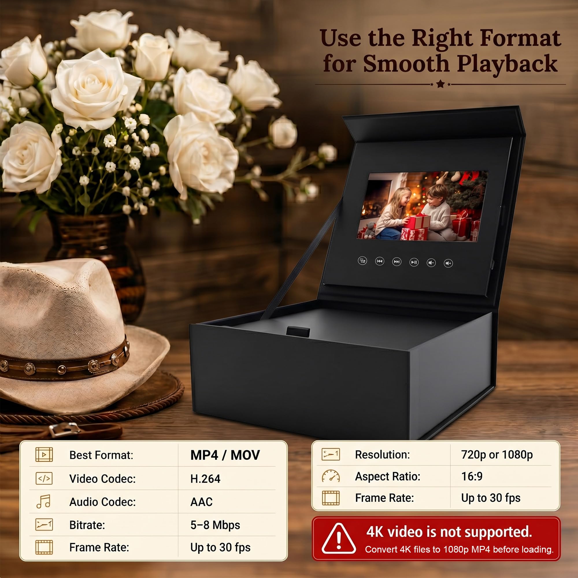 Coffret cadeau vidéo mariage et anniversaire - Écran IPS 5 pouces, 4 Go, Type-C - Fermeture magnétique personnalisée pour vœux personnalisés