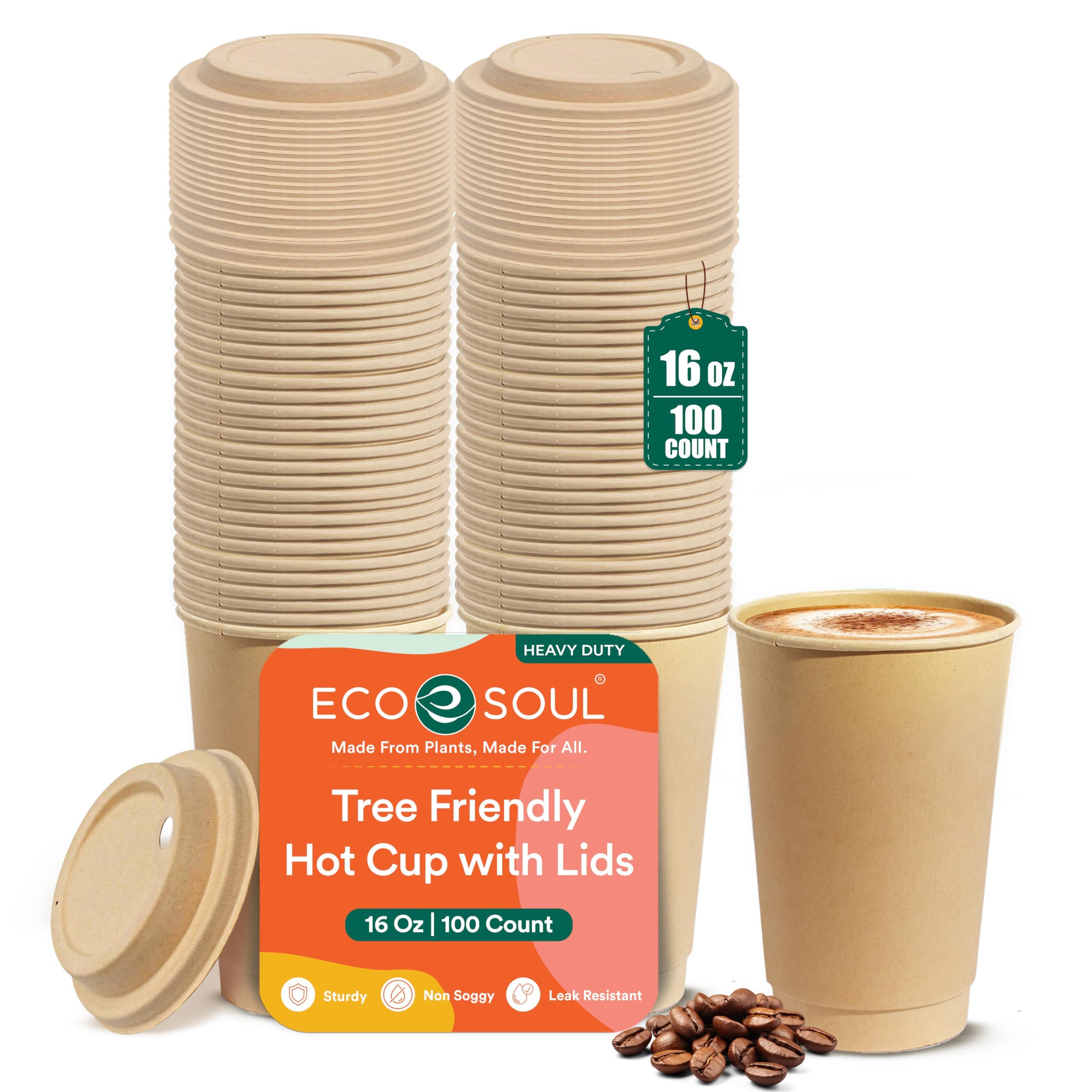 ECO SOUL 100 Pack 16 oz Disposable Coffee Cups with Lids Eco-Friendly, Biodegradable, Compostable, Leak-free & Sturdy To Go Hot Drink Cup for Tea, Chocolate Party Travel Cafe Office & Home