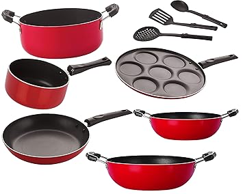 Nirlon Non-Stick Aluminium Cookware Set, Red & Black -9-Pieces [26_KD12_KD14_SPM_UP_Cass20_TP24_3SPN]