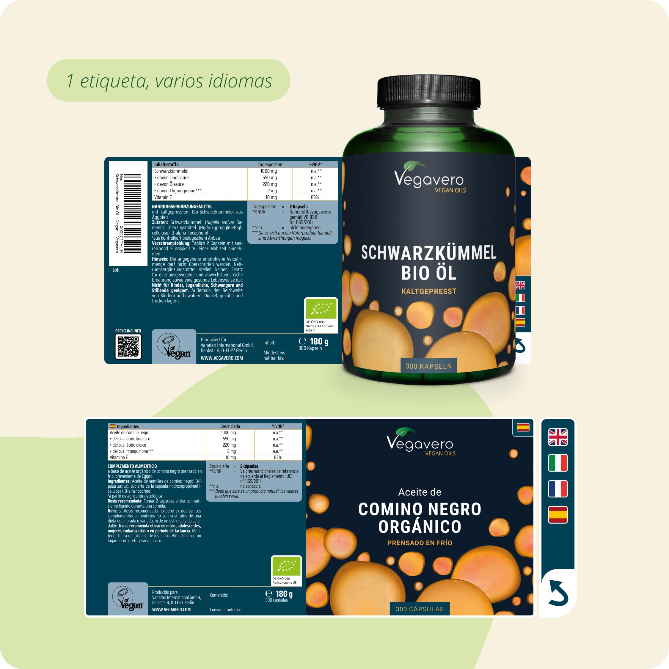 Vegavero Aceite de Comino Negro Ecológico | 1000 mg Nigella Sativa | 55% Ácido Linoleico + 22% Ácido Oleico + 0,2% Timoquinona | Con Vitamina E Natural | Prensado en Frío | 300 Cápsulas Veganas