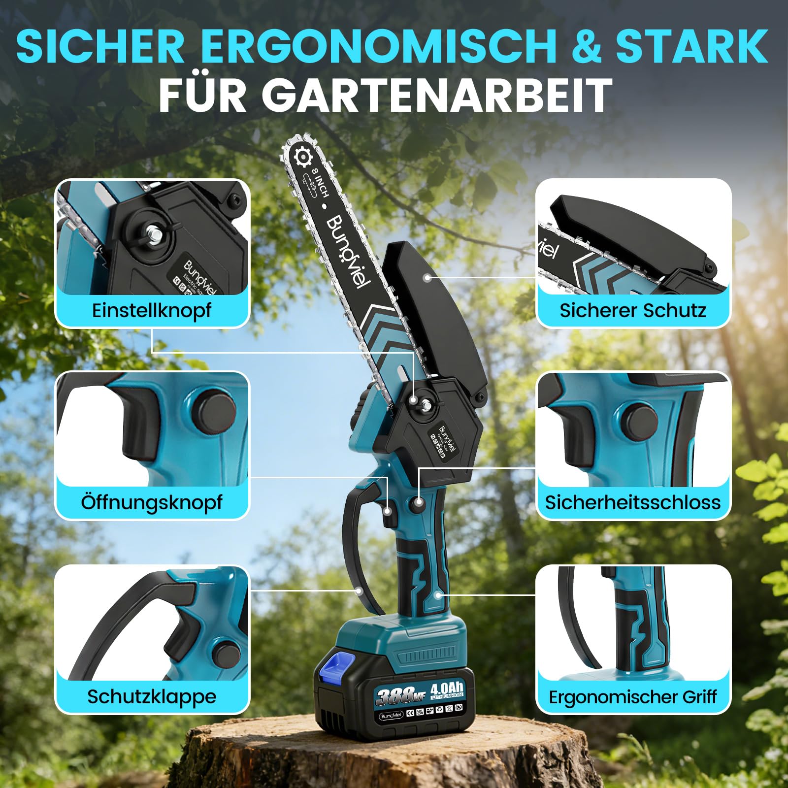 Akku Kettensäge Kompatibel mit Makita 18V,Bürstenloser Motor Mini Kettensäge mit 2x 4Ah Akku,6/8 Zoll Handkettensäge für Holzschneidenz,Garten & Äste für Männer zu Valentinstag
