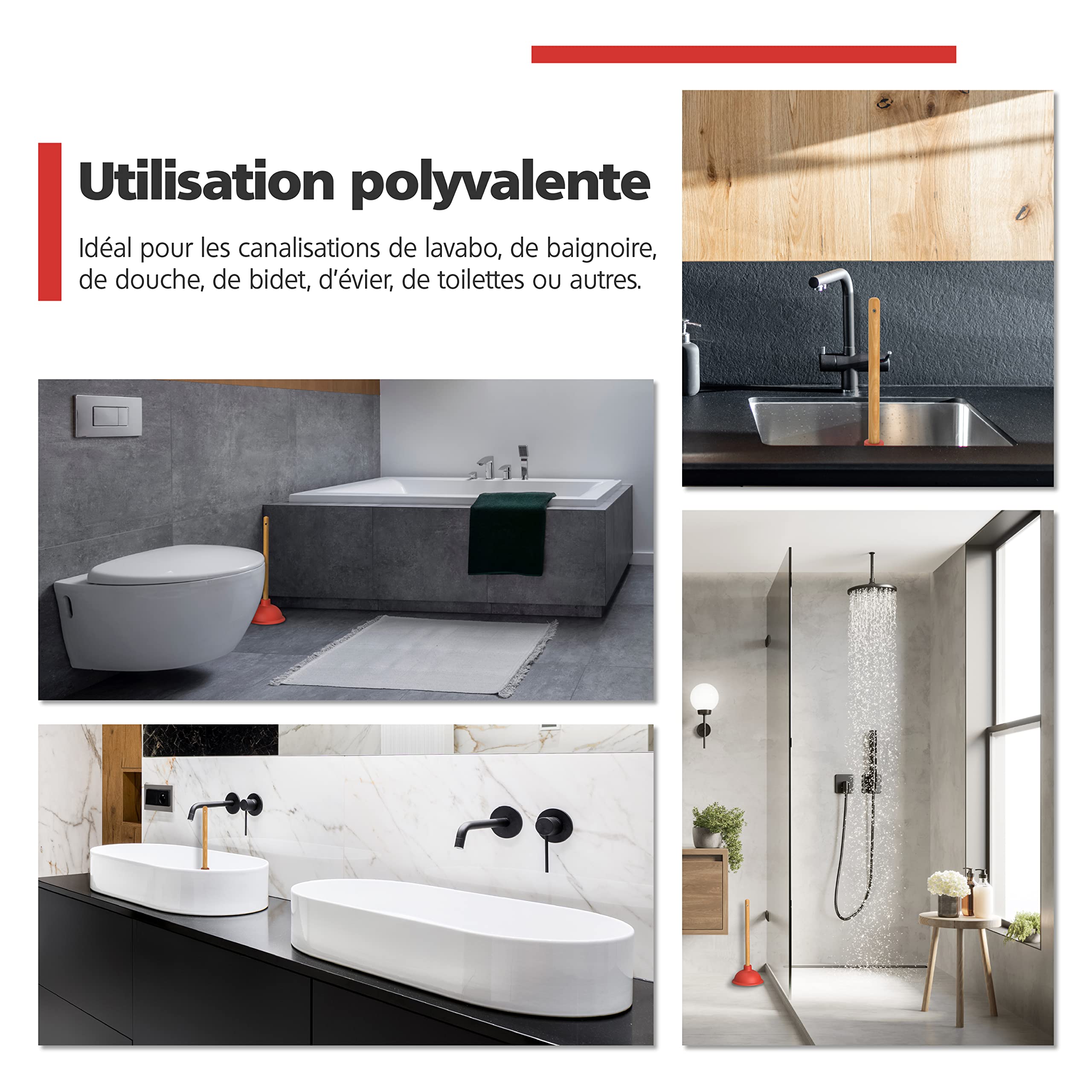 Nirox Déboucheur à ventouse 110 140 mm Débouchage canalisation avec poignées en bois sans produits chimiques