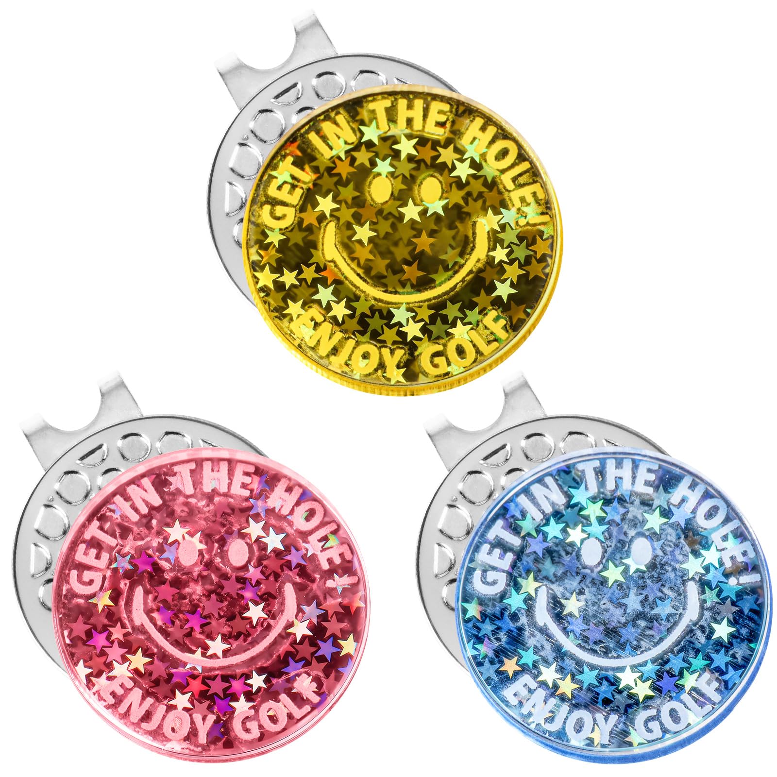 FINGER TEN Acrylic Smiley Face Golf Ball Markers with Magnetic Hat Clips 3 Pack, Holographic Reflective Pitch Markers for Women & Men, Cute Funny Golf Accessories in Pink Blue Yellow (Multicolor)