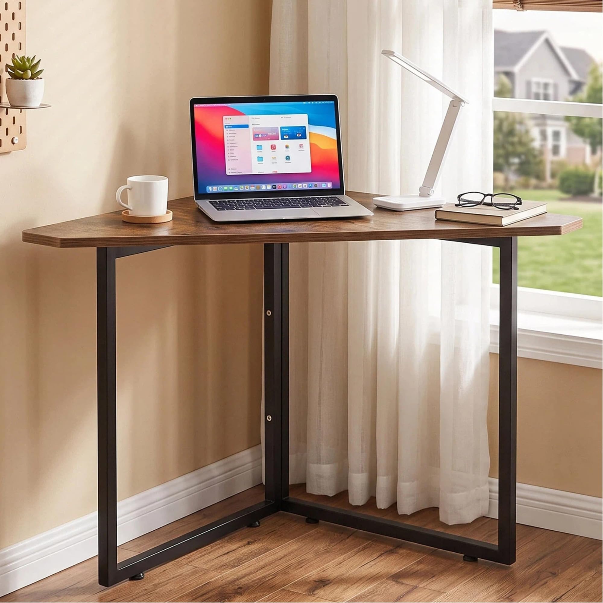 VECELO Corner Desk,Office Tables for Living Room for Small Space Triangle Computer Desk with Steel Frame Corner Shelves with Metal Frame Writing Desk for Workstation Classic Rustic Brown 30.7"