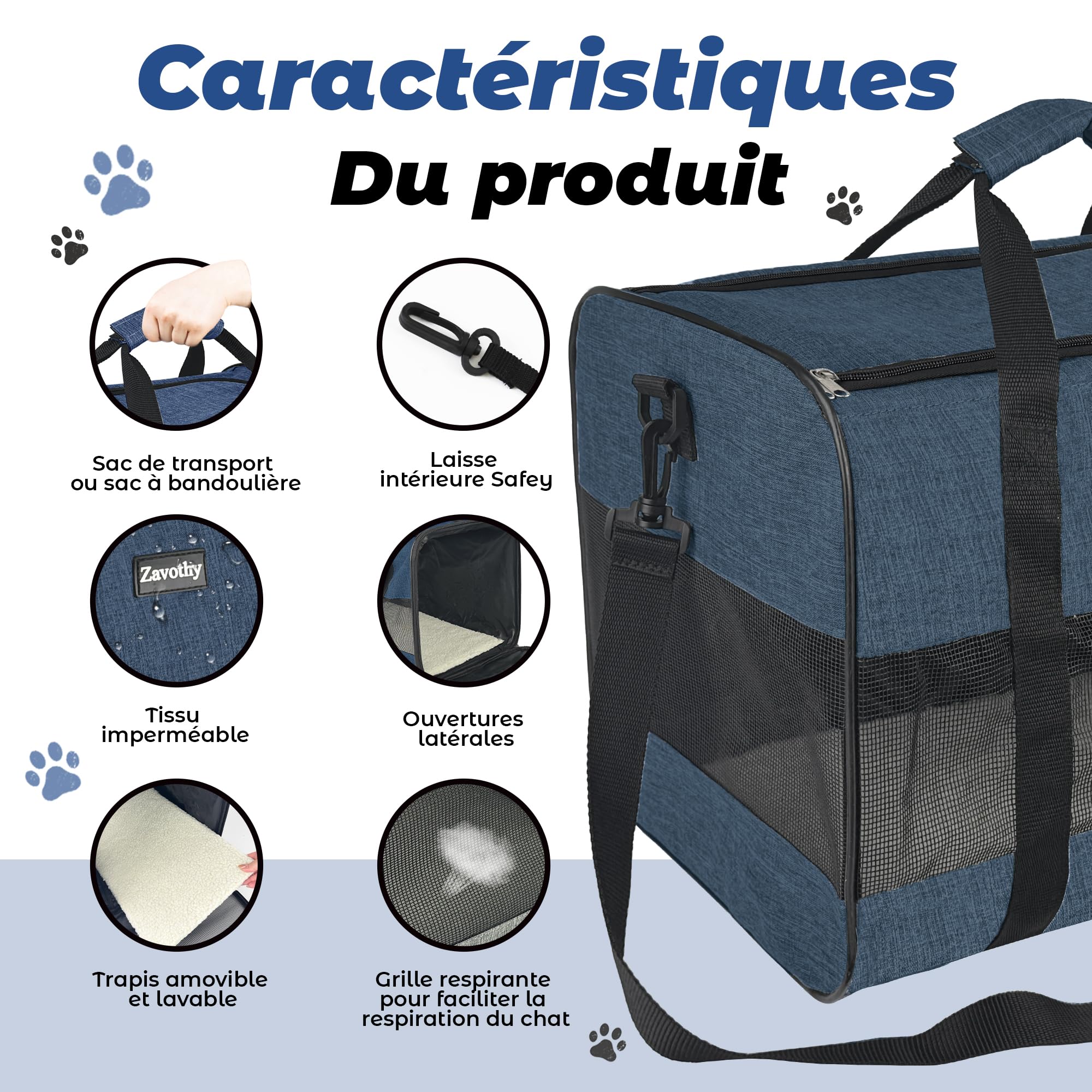 Zavothy Borsa per il trasporto per gatti e cani, borsa per il trasporto, traspirante e pieghevole, trasportino per gatti con tracolla regolabile, materasso in peluche rimovibile (blu scuro, L)