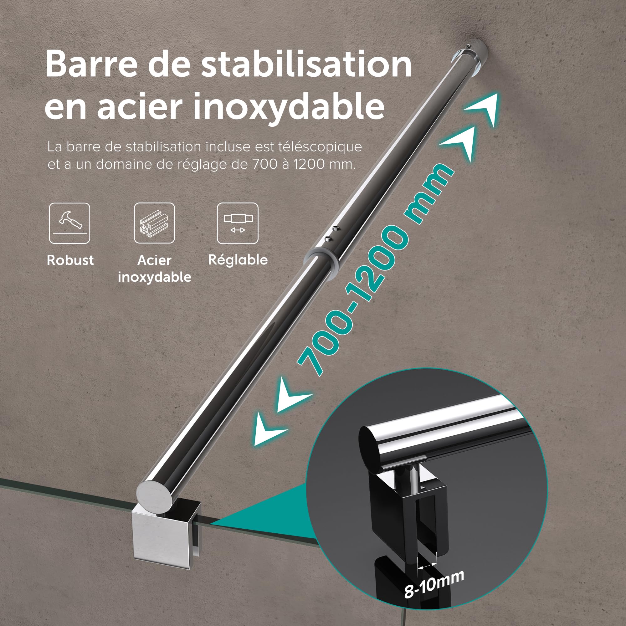 doporro Paroi de Douche à L'italienne Transparent 90cm Pare-Douche Verre de Sécurité 8mm Bremen01K 90x200cm Profilé Chromé avec Stabilisateur en Acier Inoxydable