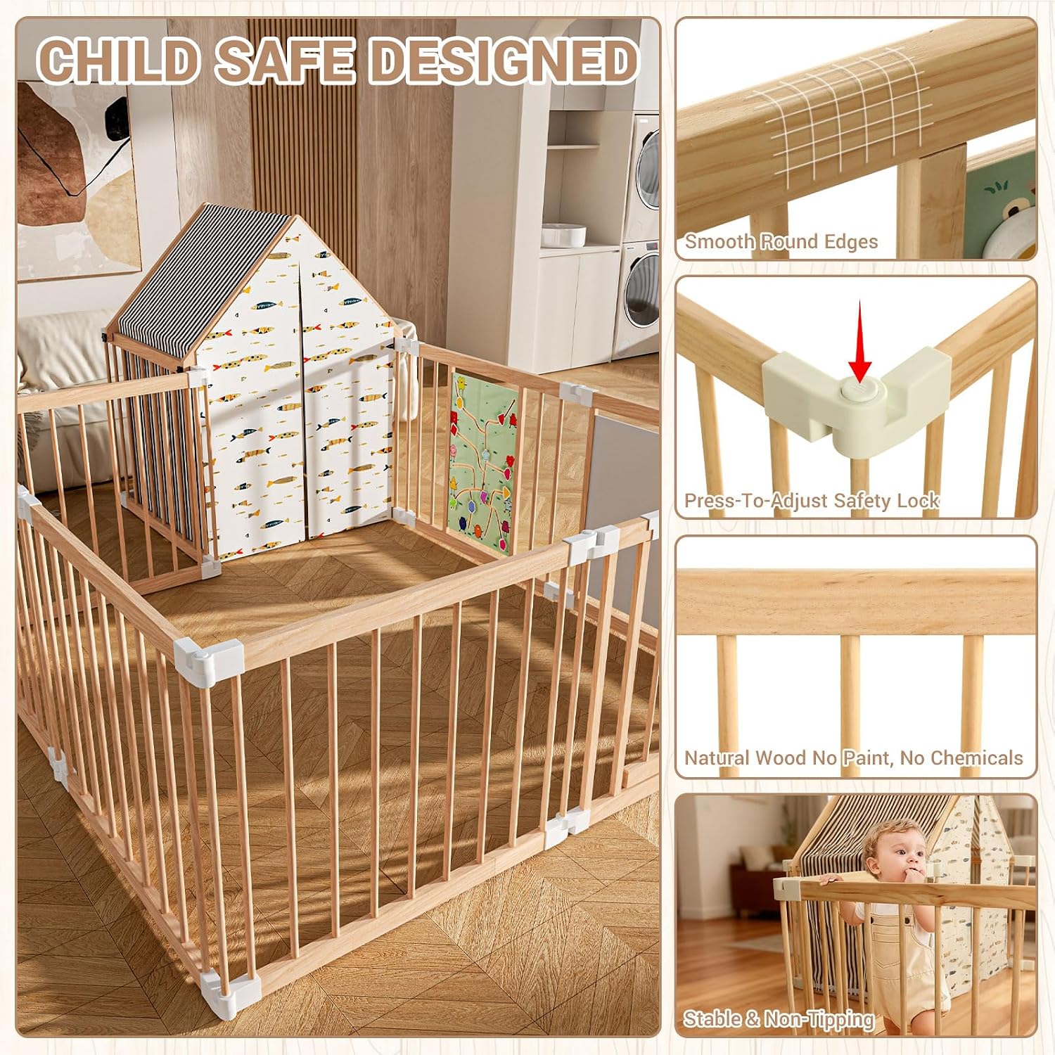 CypherX Baby Playpen - Wooden Playpen for Babies and Toddlers, Foldable Play Pen with Locking Gate, Adjustable Shape and Size Baby Fence Extra Large Toddler Play Yard with Tent (58X58x23.5Inch)