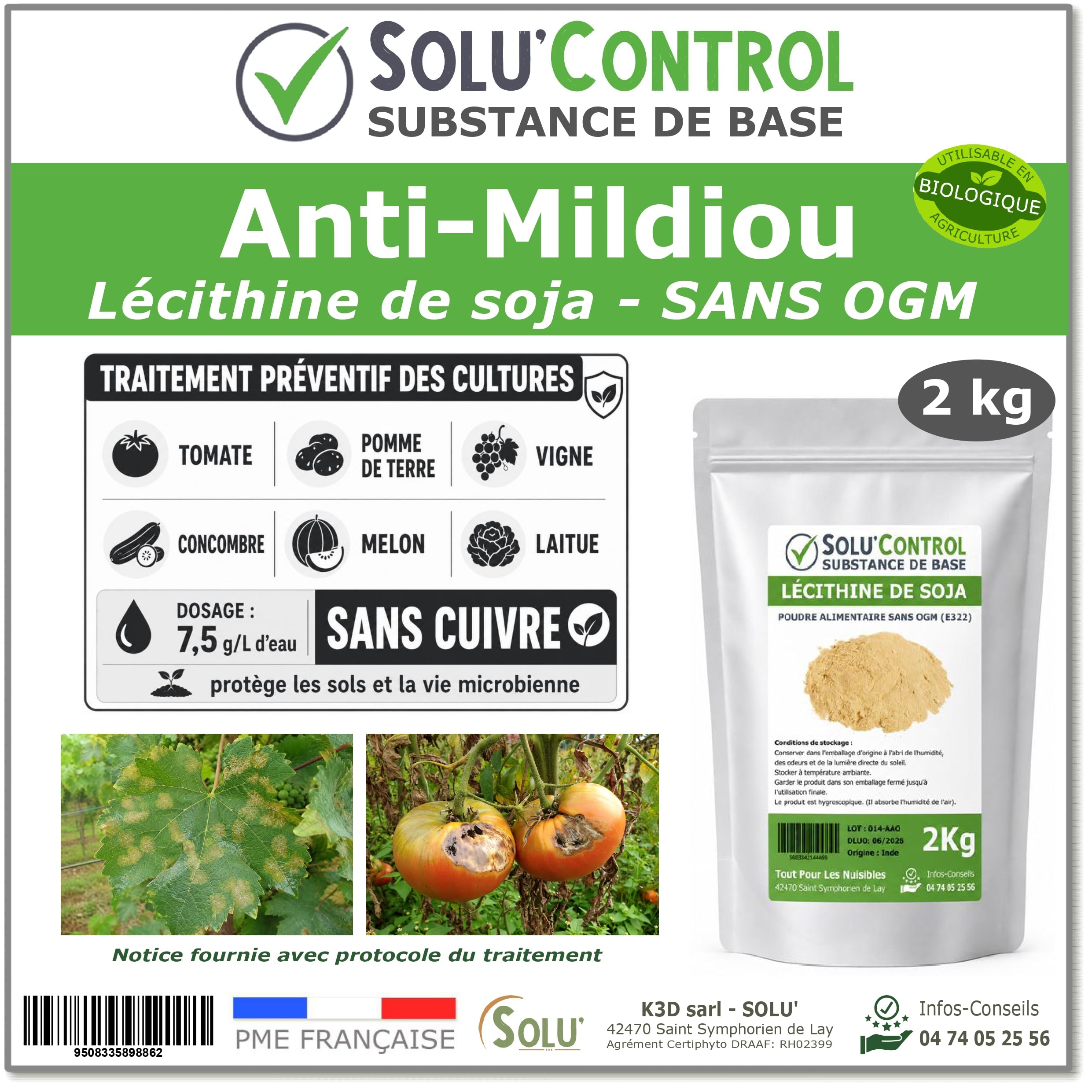 SOLU'CONTROL Lécithine de Soja 2 kg – Traitement Naturel Préventif contre le Mildiou – Substance de Base Autorisée en Agriculture Biologique – Sans Cuivre – Vigne, Tomate, Pomme de Terre