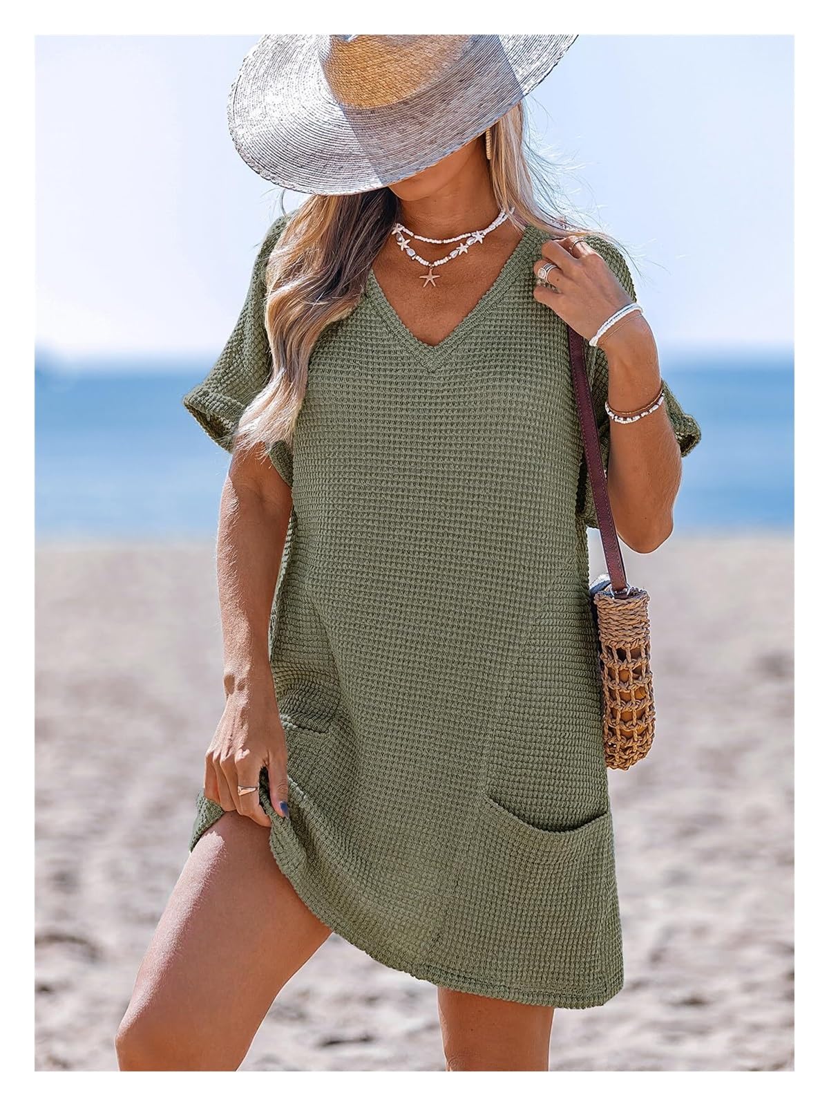 Damen Bikini Cover Up Strandkleid Waffelstrick V-Ausschnitt Kurzarm Sommerkleid Strand Urlaub Strandponcho Minikleid Mit Taschen