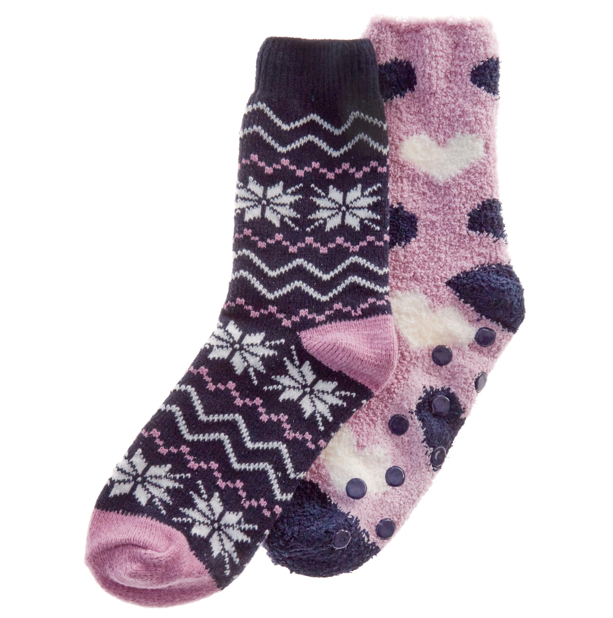 Ladies 2 Pairs Thermal Socks Luxury Cosy Super Soft Touch Warm Thick Breathable Comfortable Fleece Lined Non Slip Sleep Bed Winter Pink Navy White Purple Stars Hearts Design Size 4-8