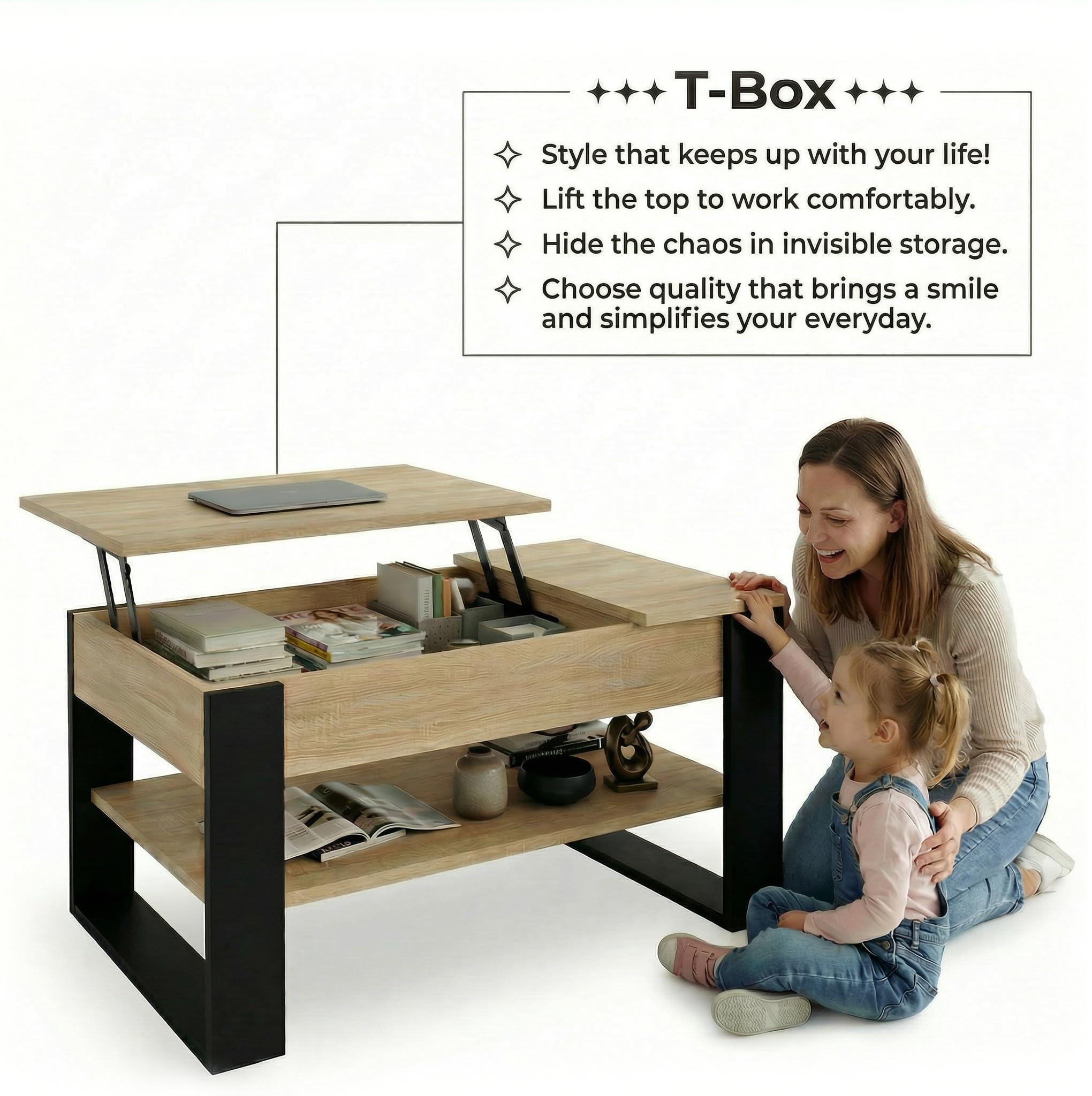 Mesa de Centro elevable | Mesa de salón con almacenaje | Roble Sonoma/Negro | con función Lift