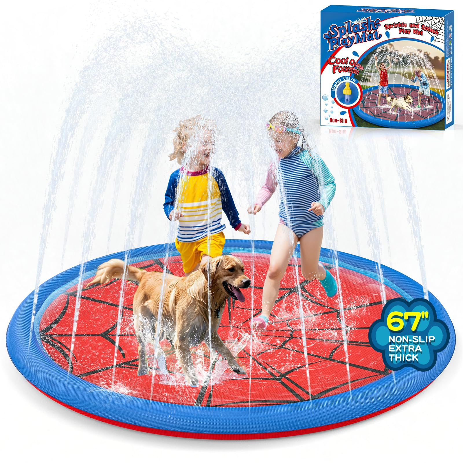 Non Slip Splash Pad for Kids and Dogs, 67'' Extra Large Splash Pad Outdoor Sprinkler for Kids, Dog Water Summer Toys Outdoor Toys for Toddlers 3-5