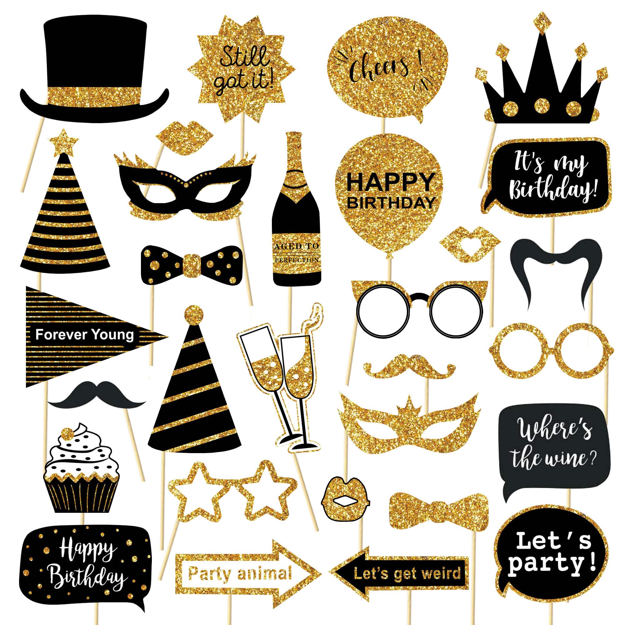 30 Pcs Gold and Black Birthday Photo Booth Props Kit, Happy Birthday Decorations, Funny Selfie Photo Props for 40th 50th 60th Birthday Graduation Wedding Party Supplies