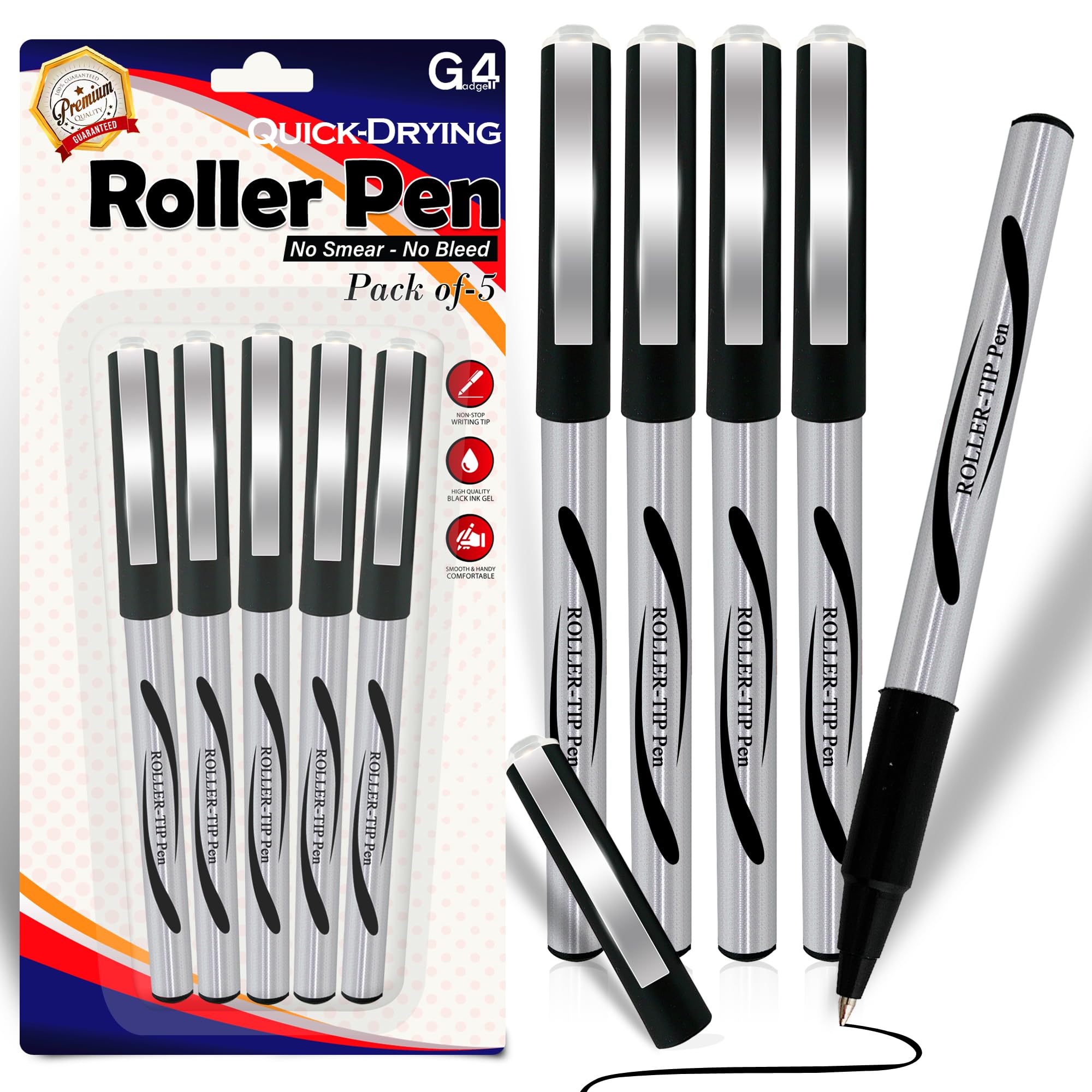 G4GADGET Roller Pens Black Ink – Pack of 5 – Smooth Writing Quick-Dry No Smear No Bleed Gel Rollerball Pens for Office, School, Exams, Journaling & Daily Use