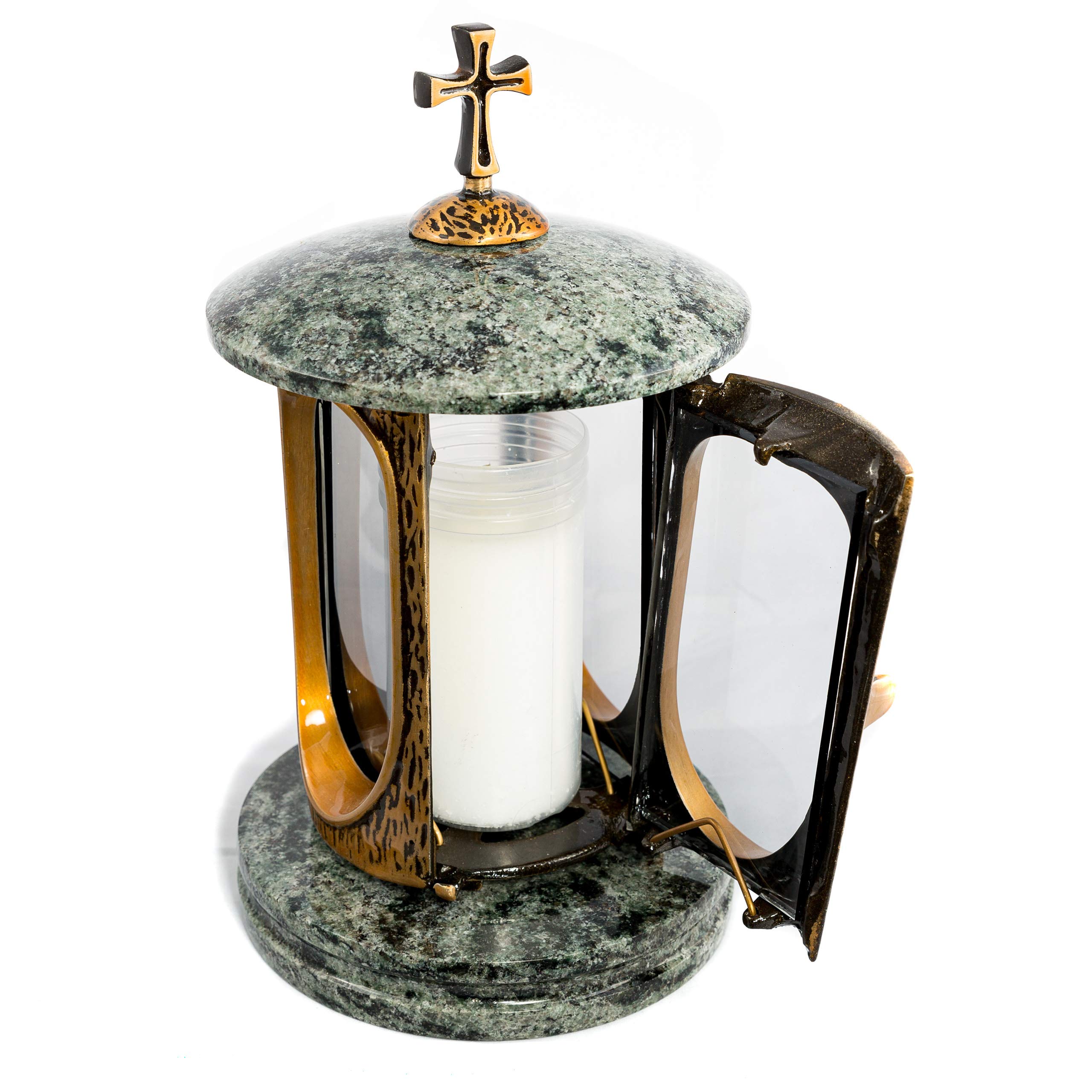 Afterglow - Farol para tumba Elégant con cruz de granito, aceituna de 27 cm de altura, 15 cm de diámetro, lámpara para tumba, lámpara de granito, bronce, con base de decoración