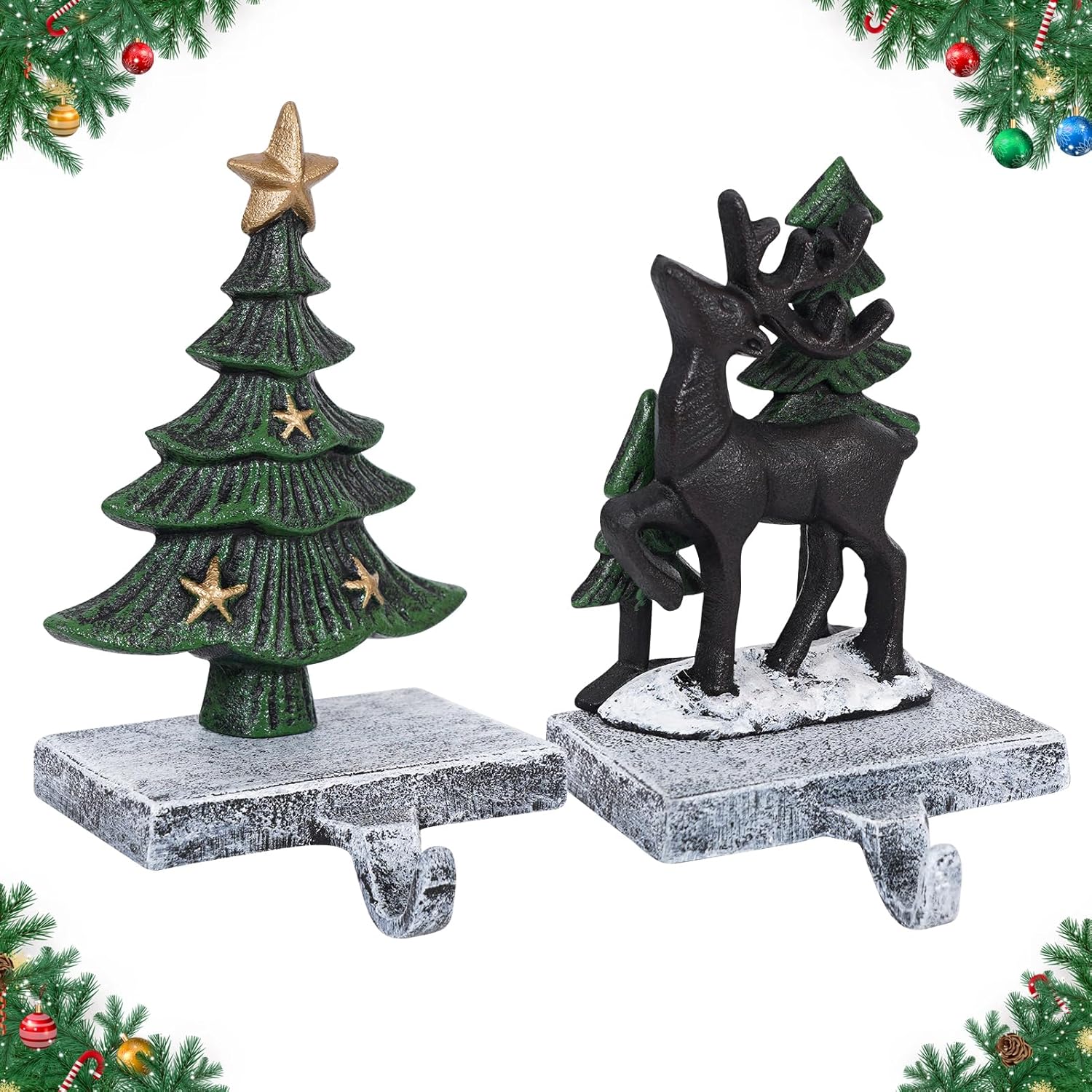 G GOOD GAIN Christmas Stocking Holders for Mantle - Set of 2 Heavy Duty Cast Iron Stocking Hangers with Non-Slip Base | Exquisite 3D Xmas Tree, Deer Mantel Hook for Fireplace Decoration Holiday Gifts