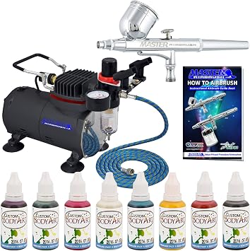 Master Airbrush Deluxe Face & Body Art Airbrush Kit with G22 Airbrush, Compressor, Air Hose & 8 Custom Body Art Water-Based Face Paint Colors
