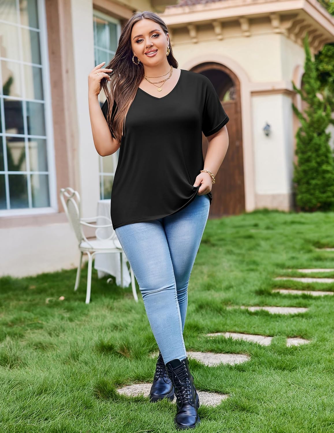 IN'VOLAND Women's Plus Size Tops Short Sleeve Tee Shirt V Neck Loose Fit Striped Shirt Summer Casual Blouses - Image 4