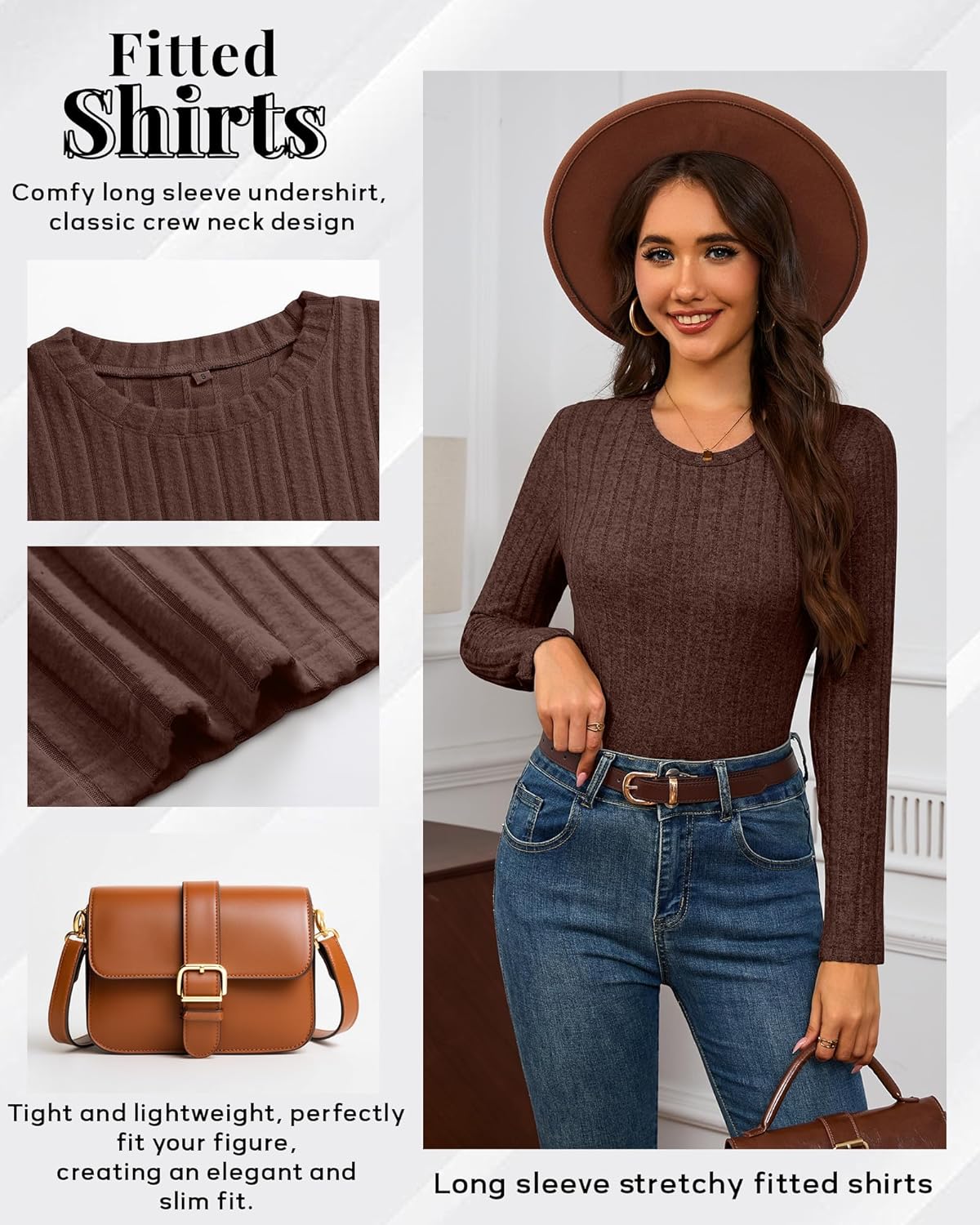 3 Pack Women's Ribbed Long Sleeve Shirts, Thermal Fitted Basic Tops Crew Neck Fleece Undershirts Soft Layering Tee