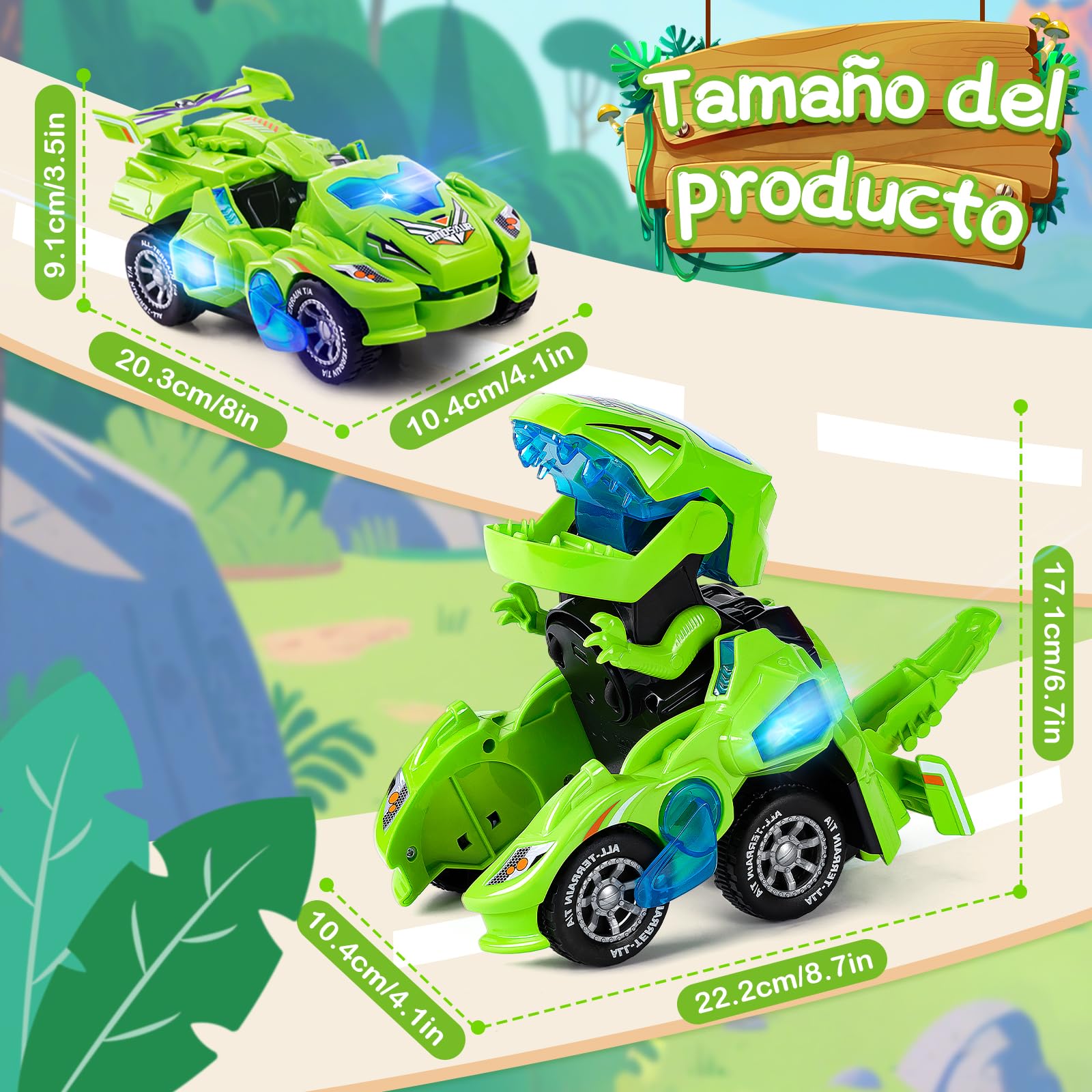 Yellcetoy Coche Dinosaurios Transform Juguetes, Dino Car con Música y Luz, Transformador Dinosaurio Regalos de Cumpleaños de Navidad para Niños 3 4 5 6 7 Años Verde