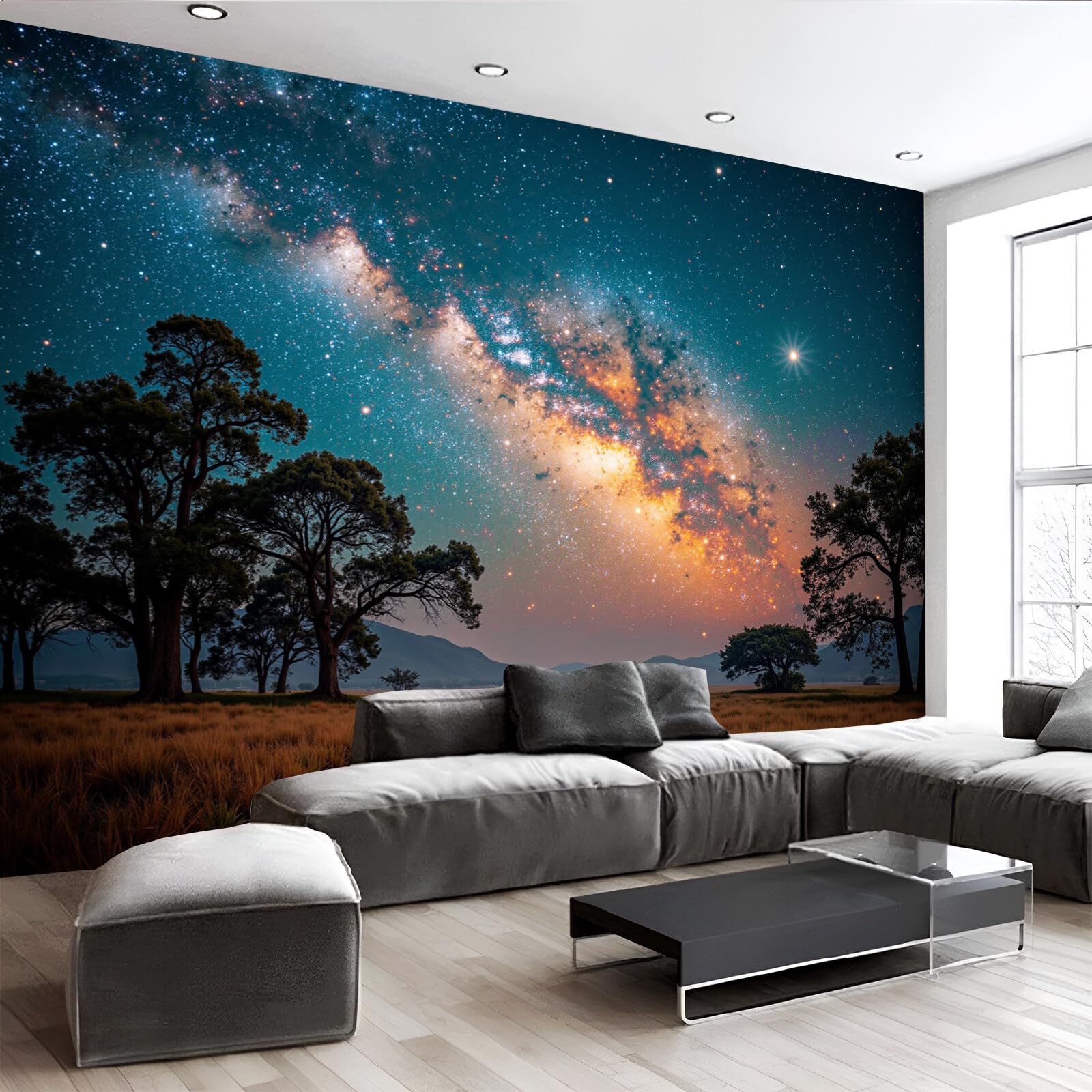 Carta Da Parati Fotografica 200X140Cm Campi Stellati Paesaggio Da Sogno Poster Murale Soggiorno Camera Da Letto,Grande Fotomurali Murale Decorazione Della Parete, Blu