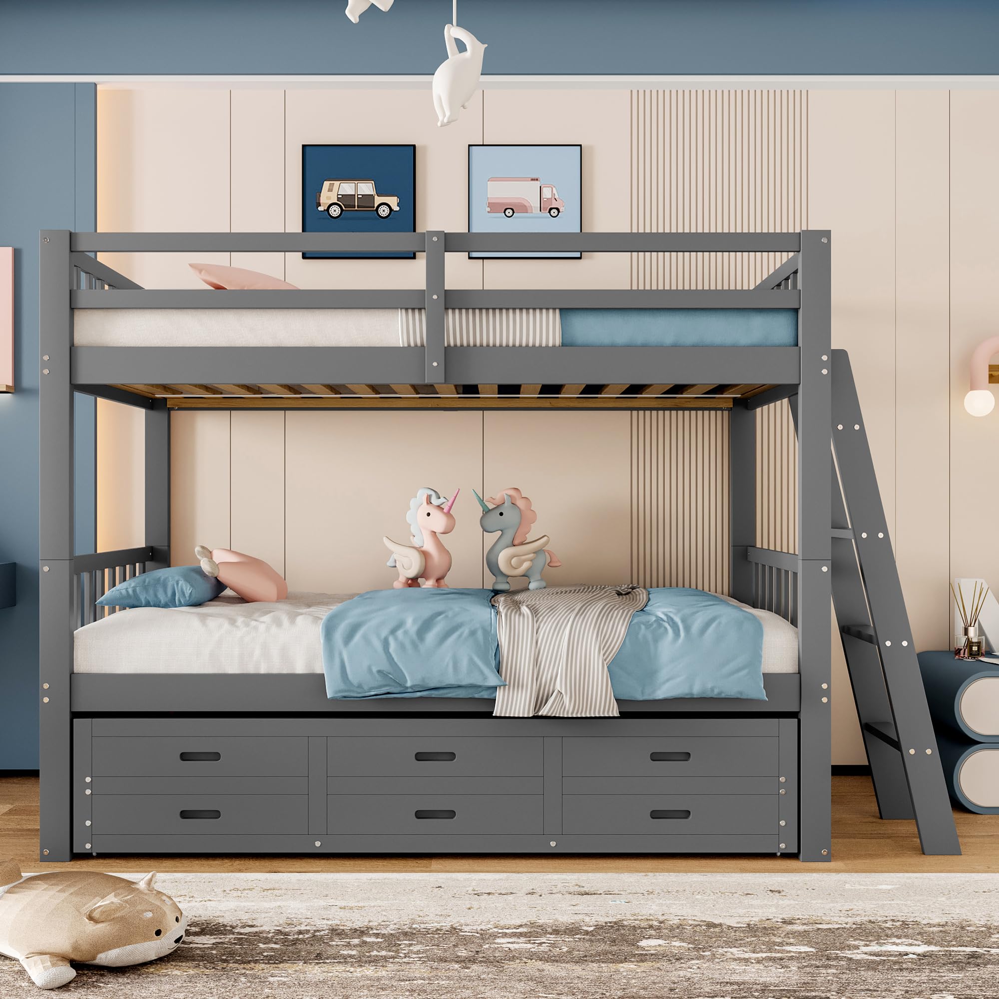 Sapgaks Lit Enfant 90x200 Lit Superposé Enfant Extensible, Lit Double Protection Anti Chute, pour Filles et garçons, Cadre de lit en pin et MDF avec échelle 3 tiroirs, Gris(sans Matelas)