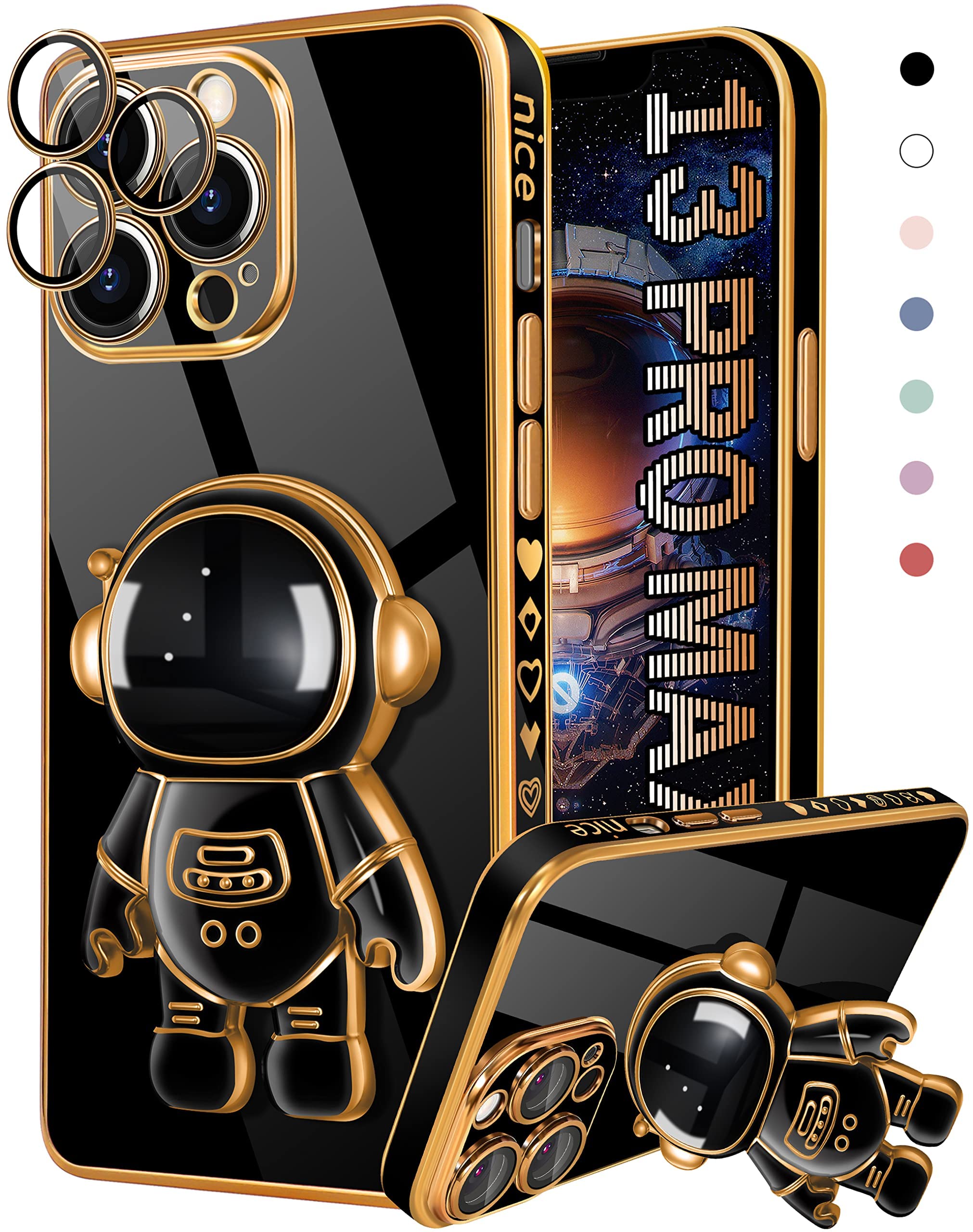 Coralogo for iPhone 13 Pro Max Case Astronaut Cute Girls Women Girly Unique Black Phone Cases with Hidden Stand Kickstand 6D Design with Camera Lens Protector Cover for iPhone 13 ProMax 6.7'