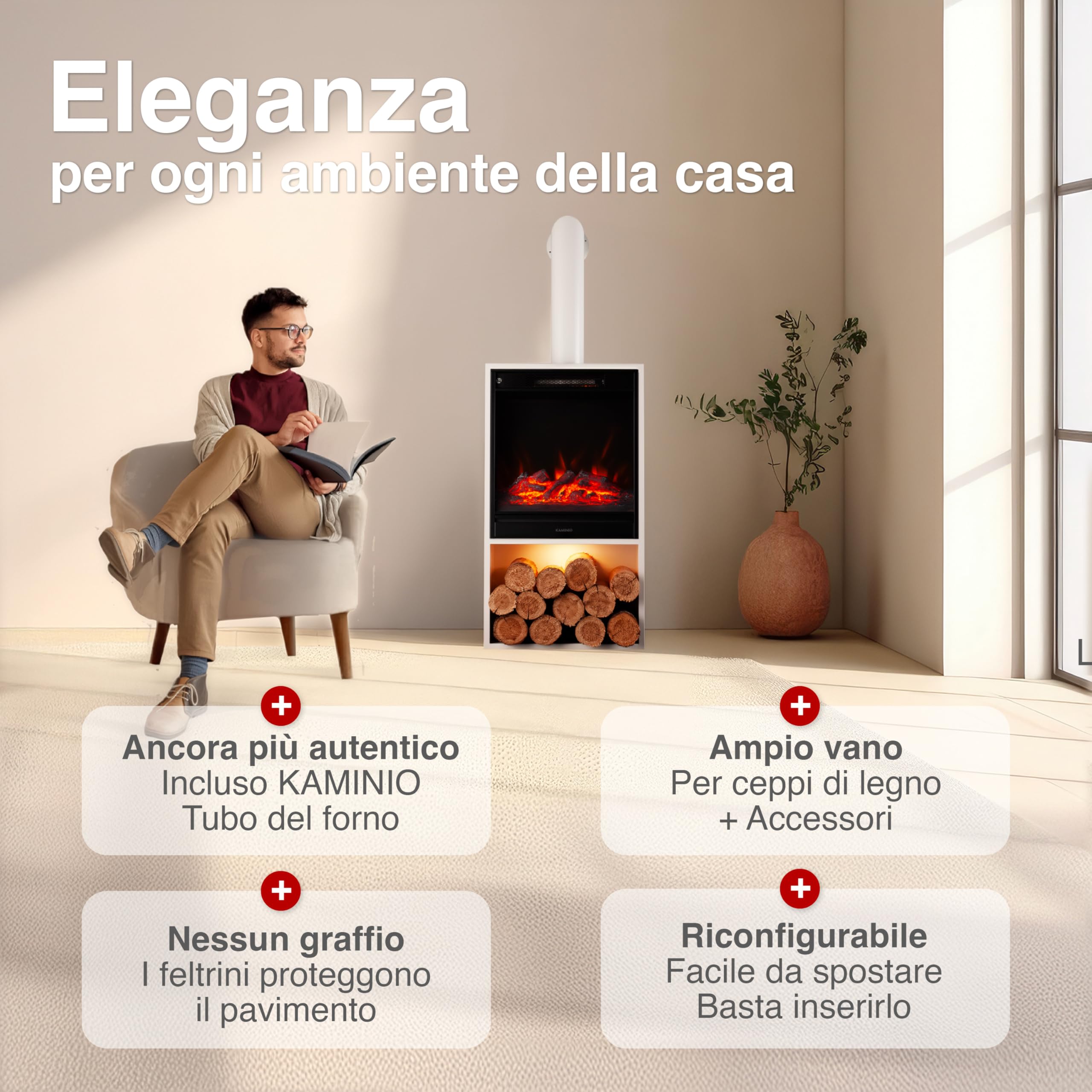 KAMINIO Camino elettrico HUGO con tubo del camino - Stufa elettrica con riscaldamento, effetto fiamma 3D, luce ambiente a LED, scomparto de legno, telecomando (Bianco)