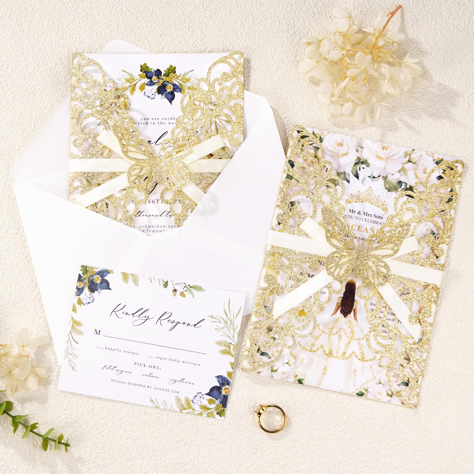 Hochzeitseinladungen mit Umschlägen und RSVP-Karten, lasergeschnittenes Schmetterlingsband, goldfarben, 50 Stück