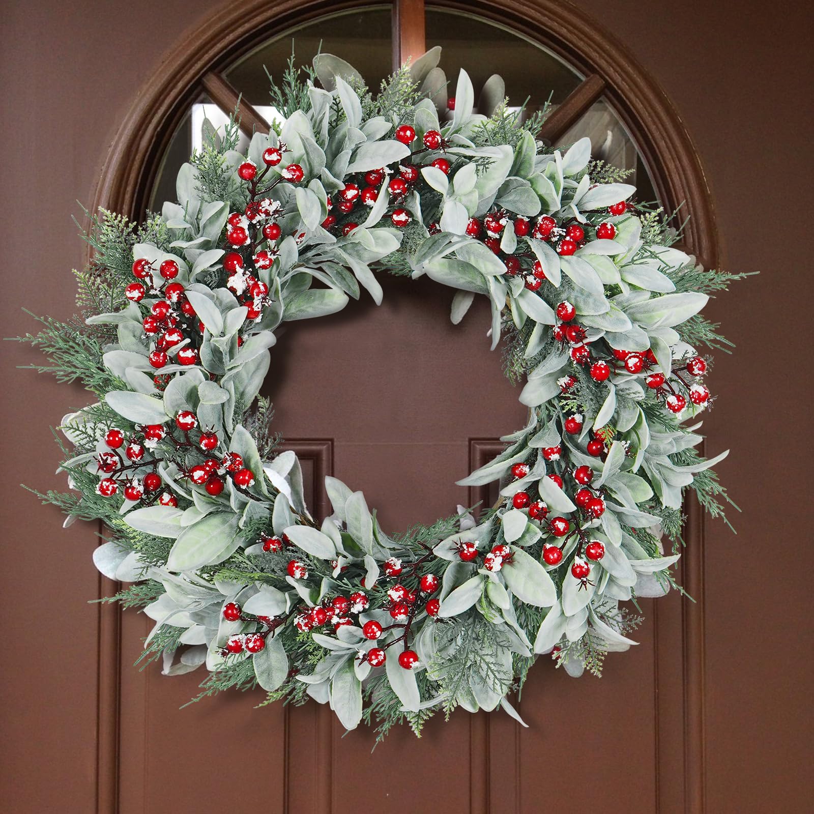 Houele 22Inch Artificial Christmas Wreath Lambs Ear Leaves Wreath with ...