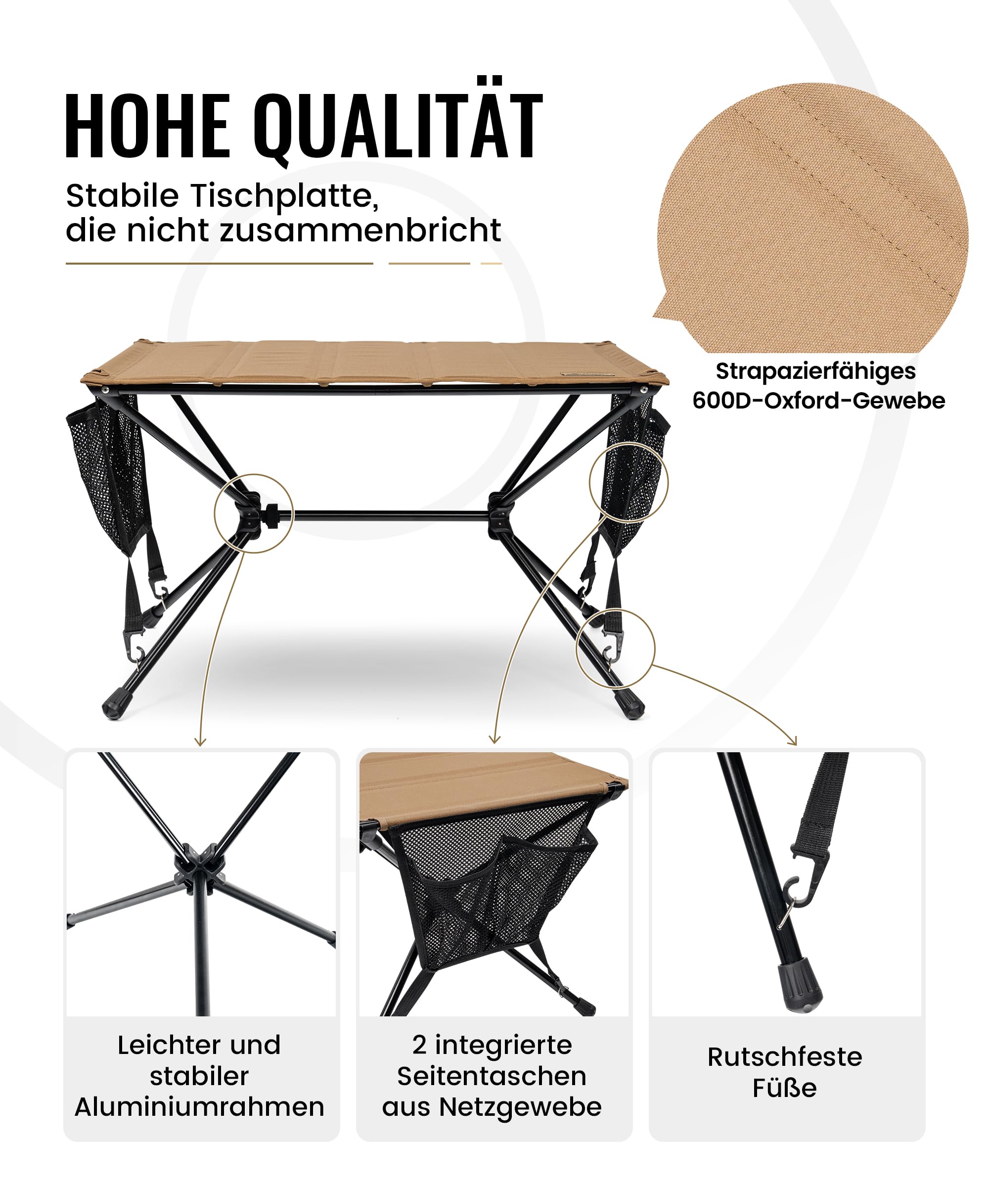 OneTigris VENTARA faltbar Campingtisch klappbar, Camping Tisch Klapptisch mit Tragetasche und Netztasche, Kleiner Tisch Outdoor Ultraleicht für Angeln Wandern 61,5 x 43 x 38 cm (Kojote Braun)