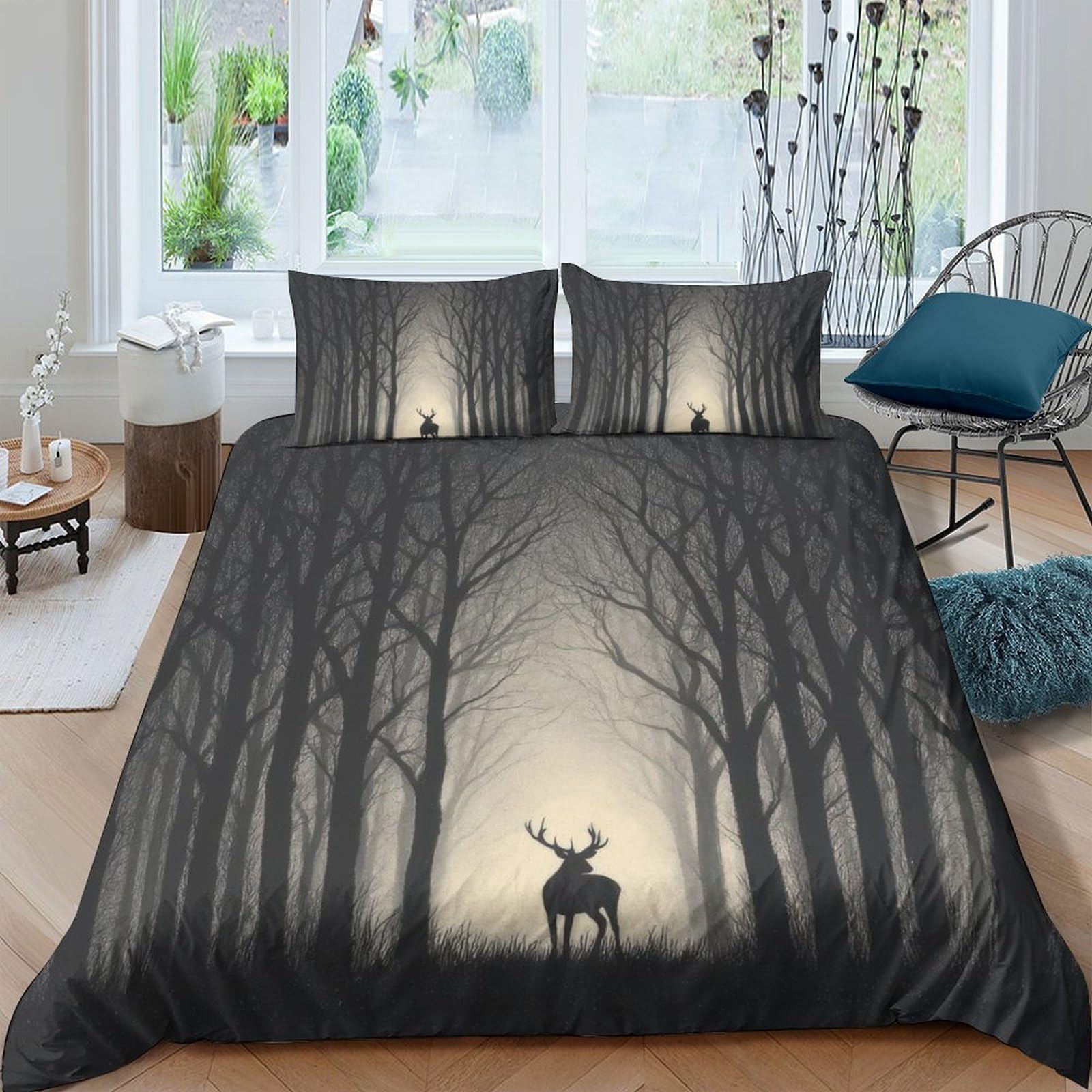 Ctjqhvkz Style-5 3D Printed Forest Deer Fitted Sheet Microfiber Soft Black Tree Silhouette Bed Cover For Bedroom Dorm Mattress Protection Decor Single（135X200cm）