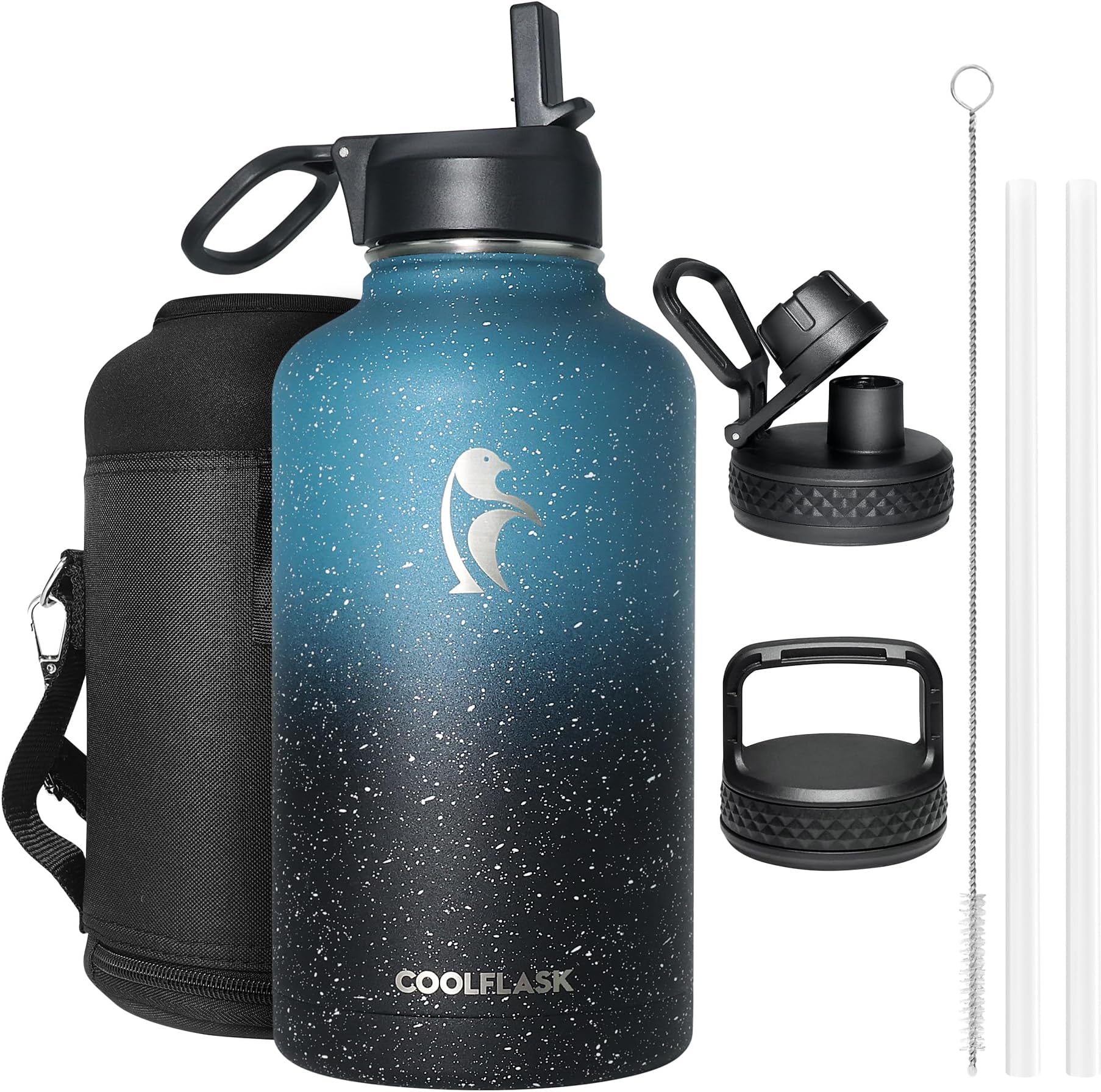 Coolflask Insulated Water Bottle 2L, Half Gallon Water Jug with Straw & 3 Lids, Large Insulated Water Bottle, Stainless Steel Vacuum Water Bottle for Gym, Sports and Travel, Starry Indigo Black