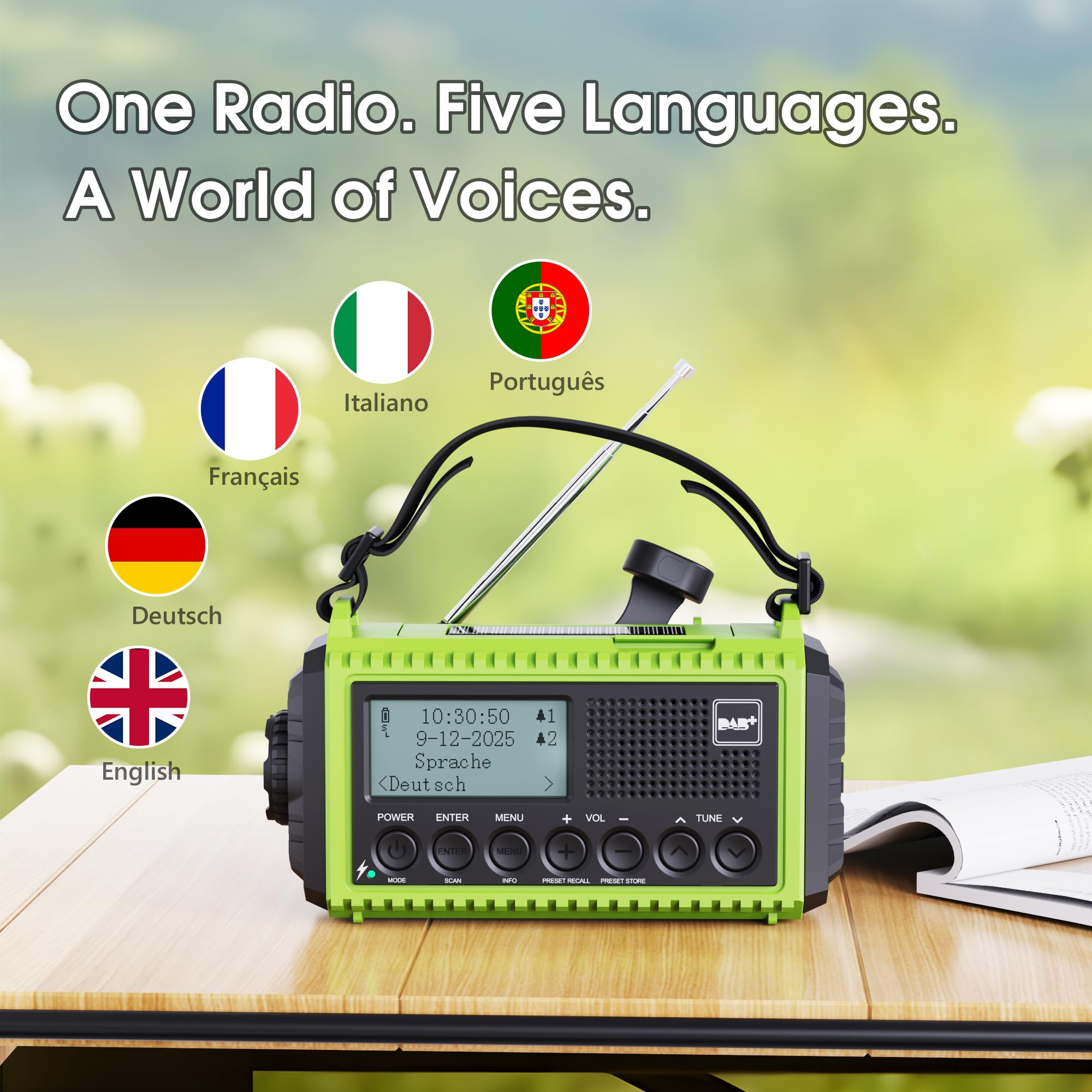 Radio korbowe DAB przenośne radio, radio korbowe z funkcją ładowania telefonu komórkowego, radio UKW/DAB Plus, akumulator 5000 mAh, do ponownego ładowania, awaryjna korbka radiowa, z latarką LED i lampką do czytania, alarm SOS na kemping